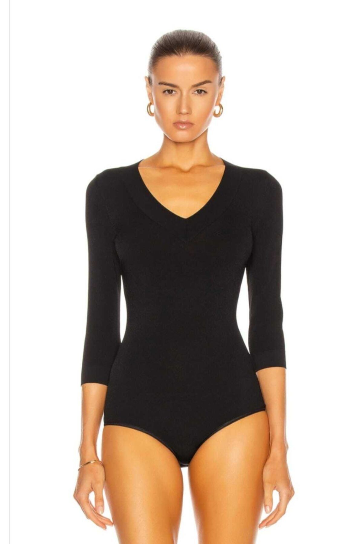 Kadın V Yaka Ipek Jarse Bodysuit