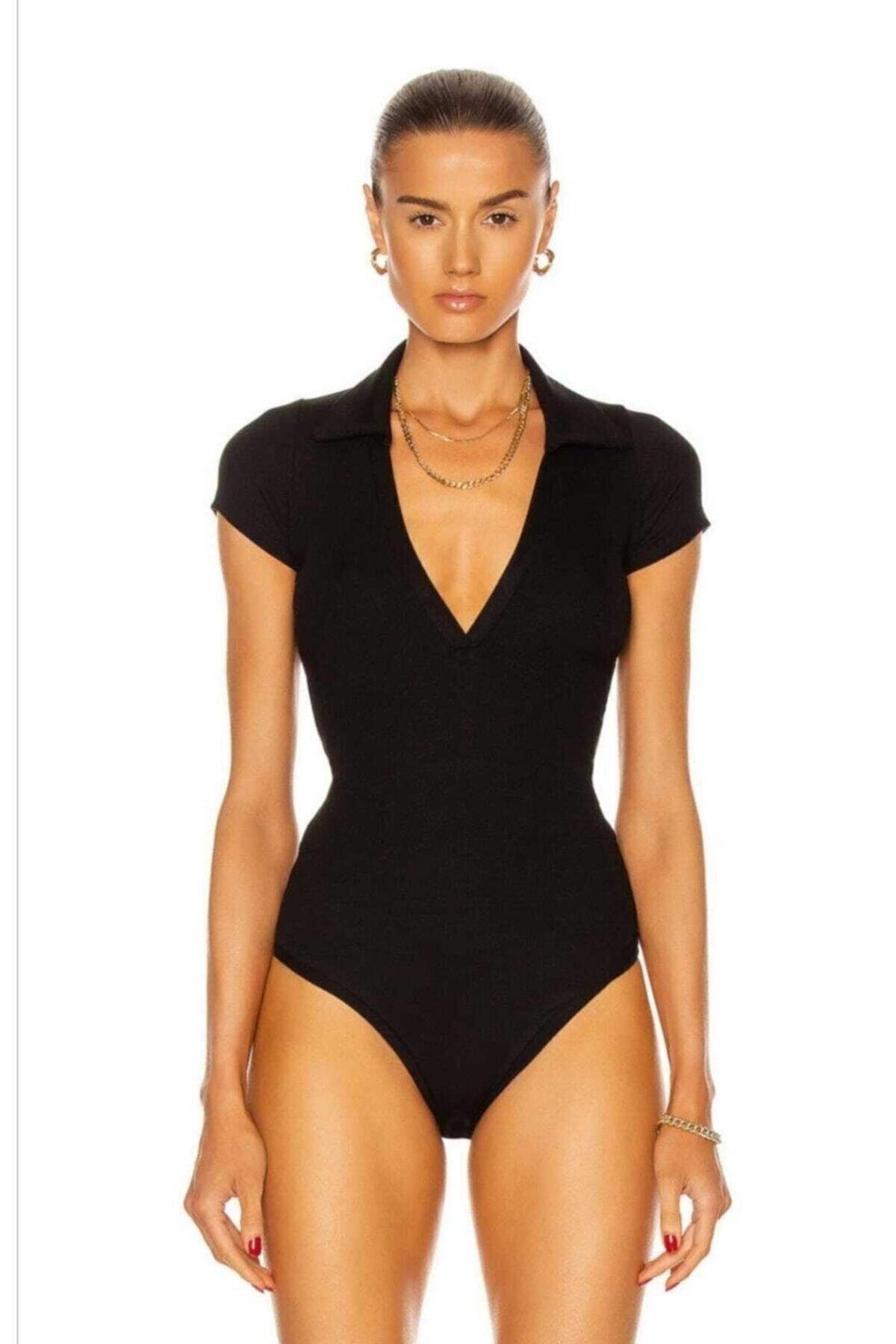 Kadın V Yaka Kısa Kollu Ipek Jarse Bodysuit