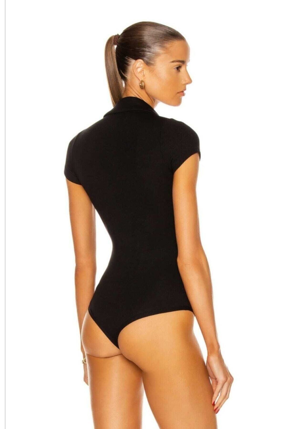 Kadın V Yaka Kısa Kollu Ipek Jarse Bodysuit