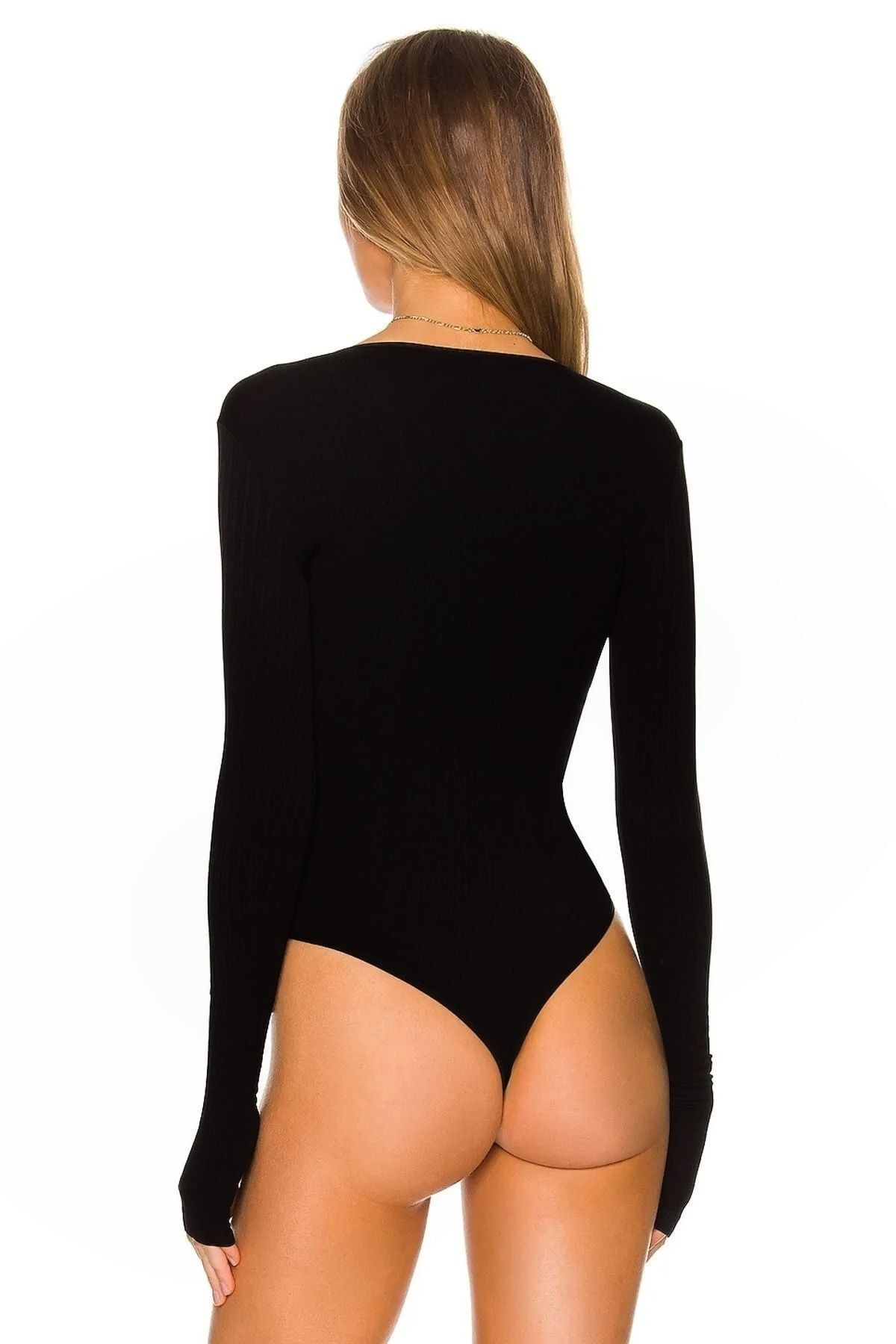 Kadın Siyah Sıfır Yaka Parmak Geçmeli Bodysuit