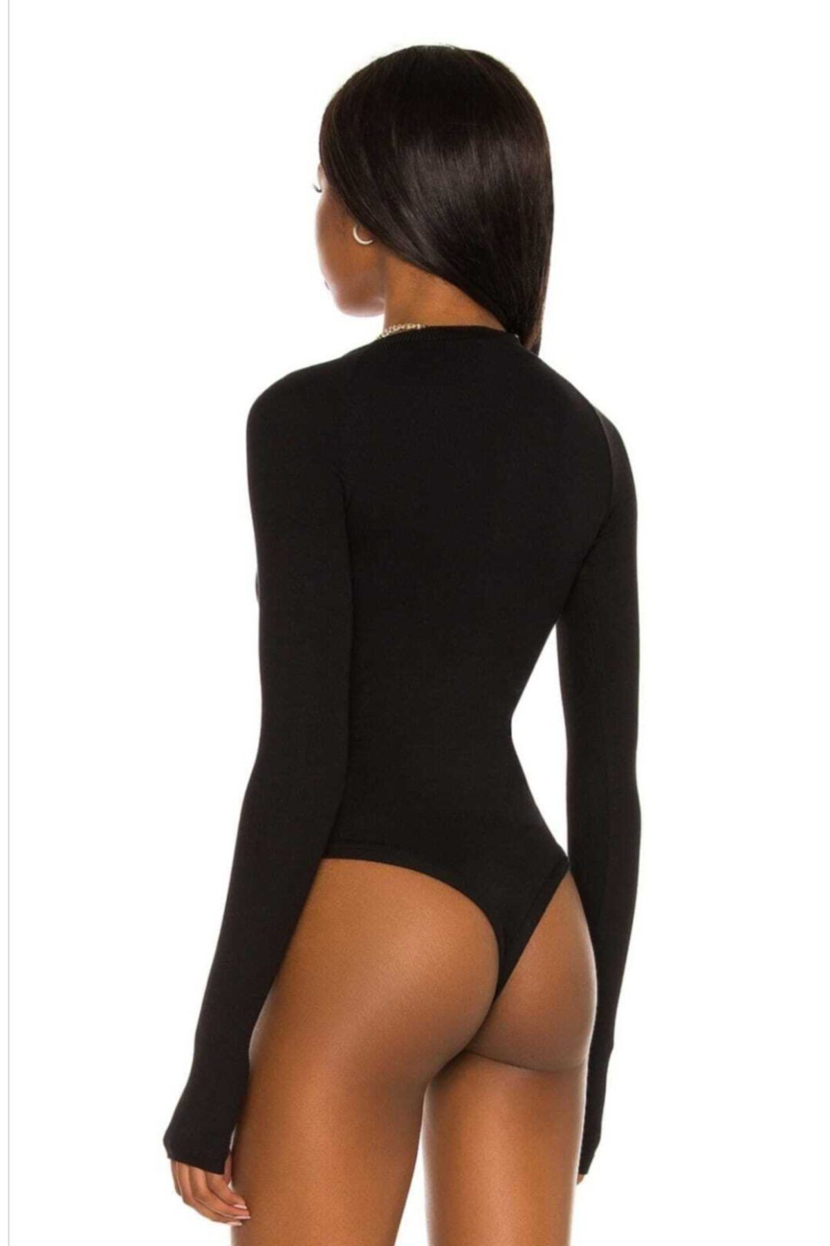 Kadın V Yaka Parmak Geçmeli Bodysuit