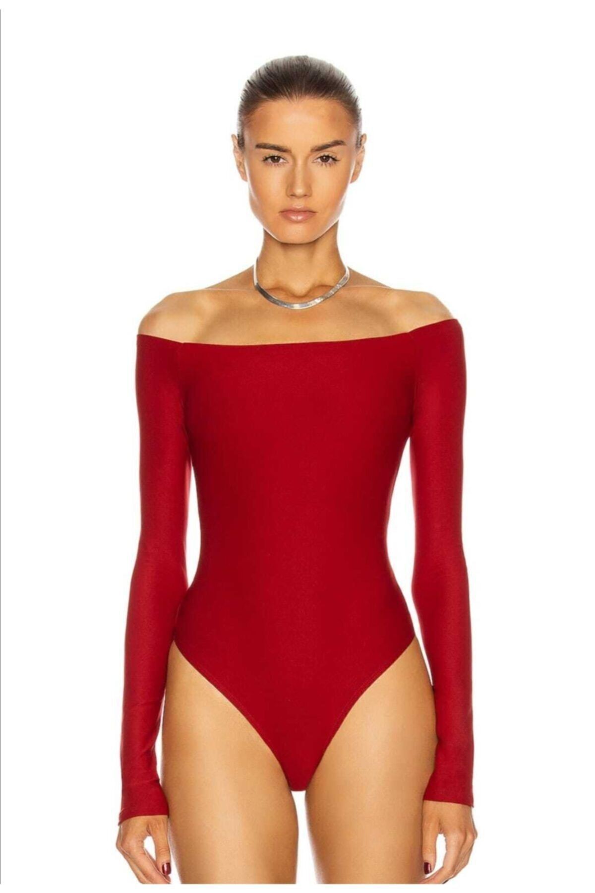 BSS Kadın Kırmızı Madonna Yaka Uzun Kollu Bodysuit