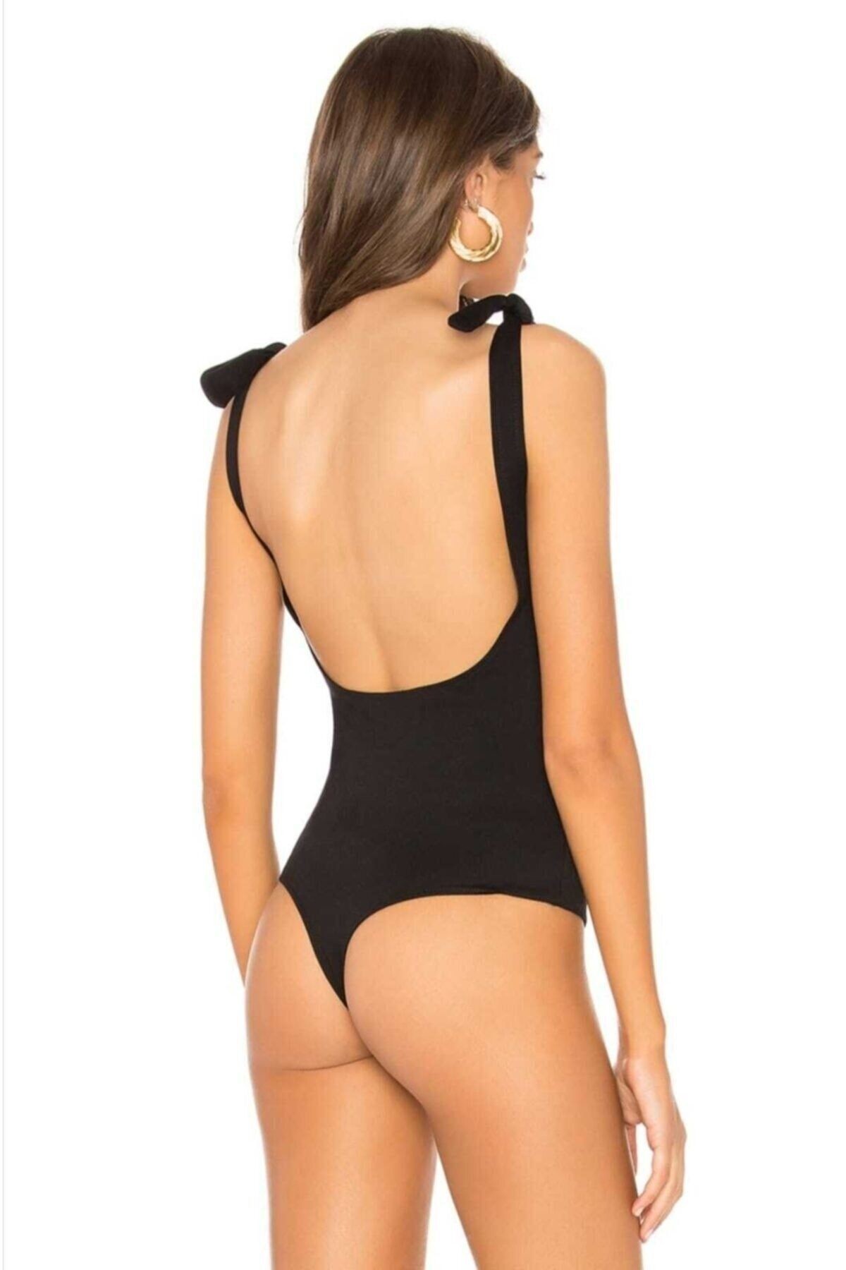 Kadın Siyah Omuzdan Bağlamalı Bodysuit