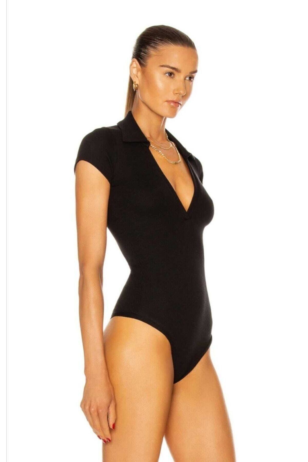 Kadın V Yaka Kısa Kollu Ipek Jarse Bodysuit