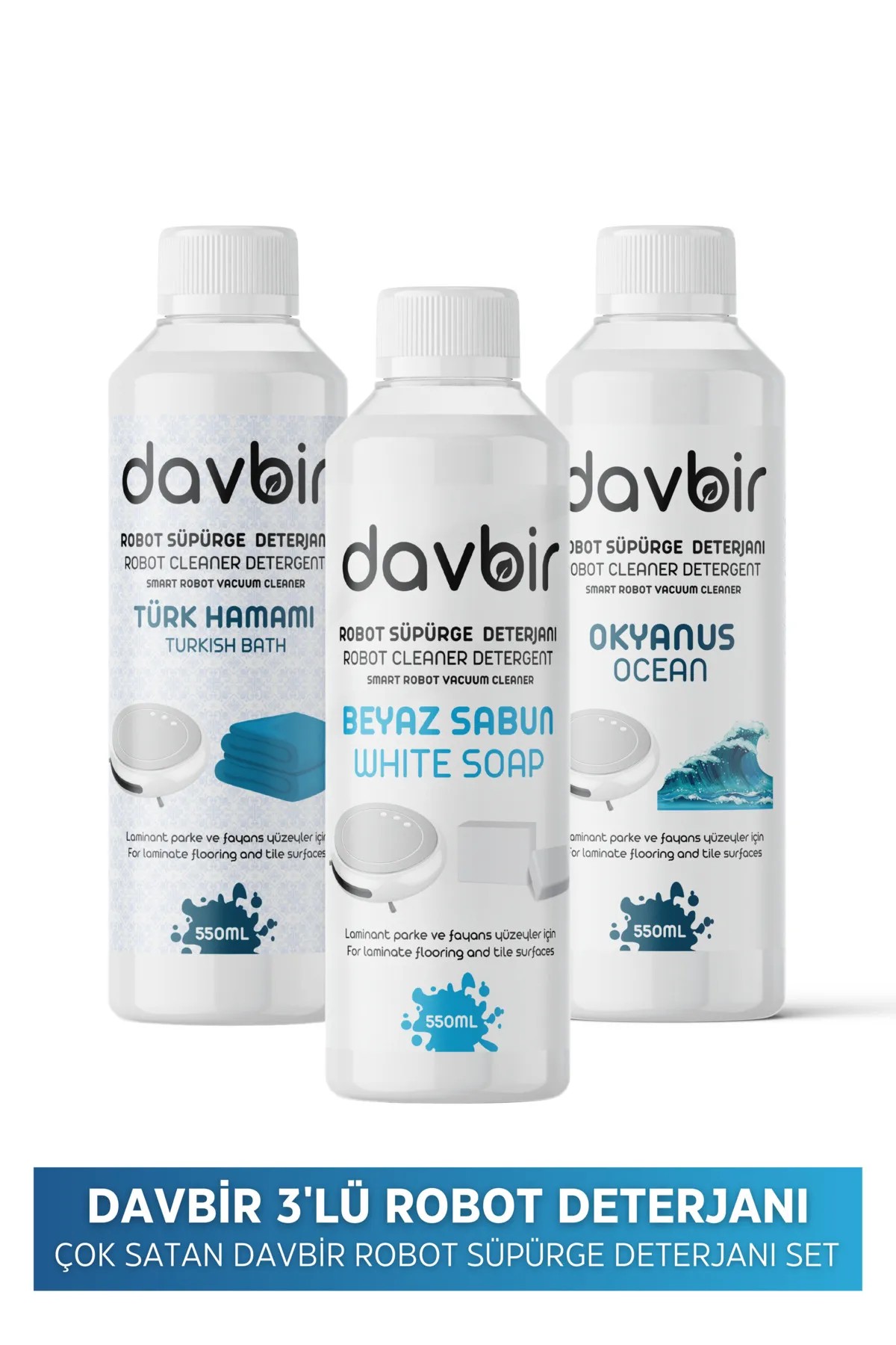 3'lü Set Akıllı Robot Süpürge Deterjanı Beyaz Sabun,Türk Hamamı,Okyanus Sprey Mop Deterjanı 3X 550ML