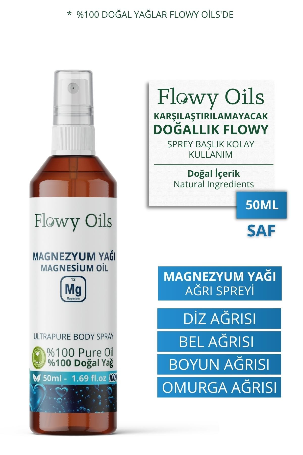 Saf Magnezyum Yağı %100 Doğal Bitkisel Sprey Masaj Yağı Magnesium Oil 50ml