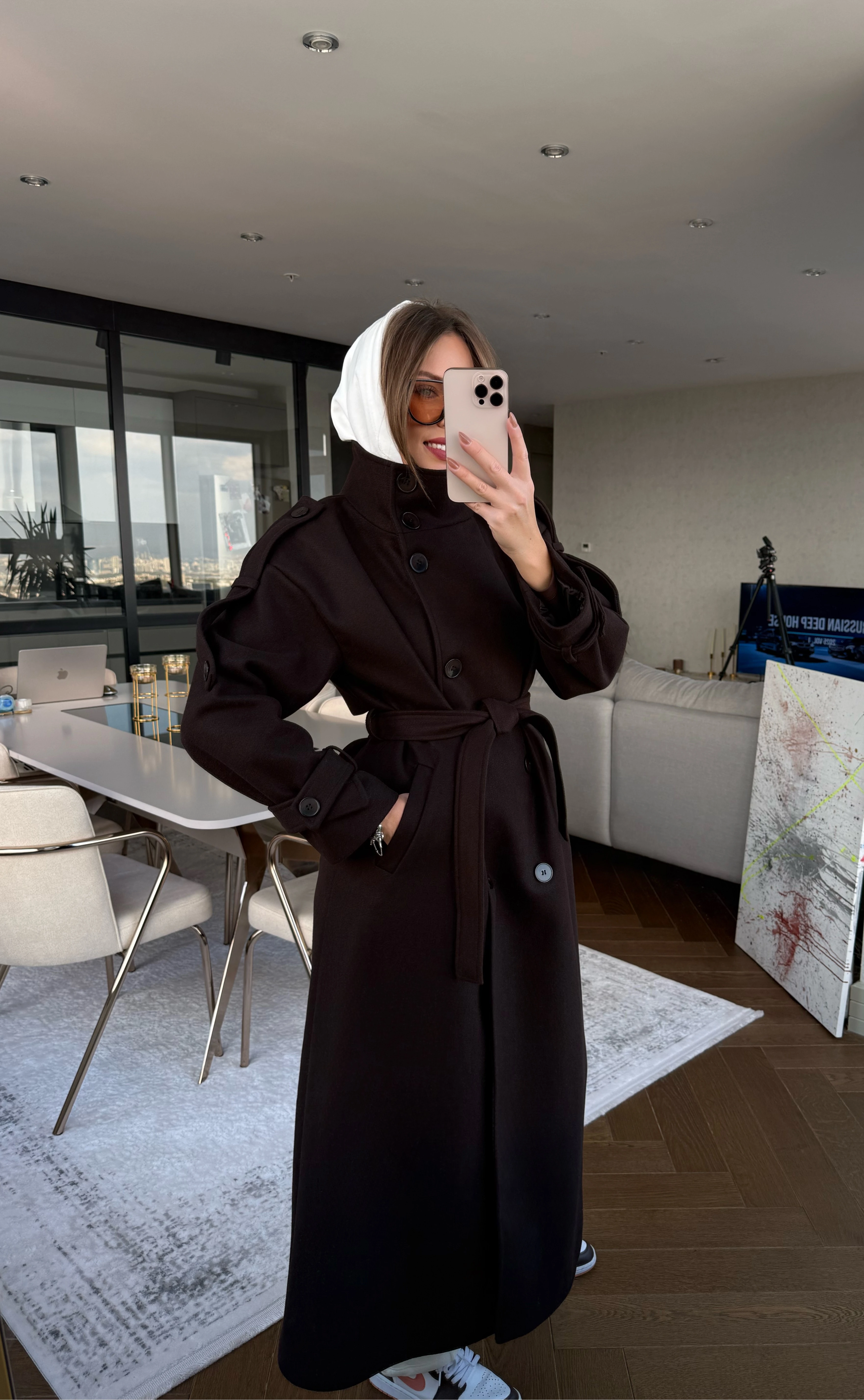 Düğmeli Uzun Kaşe Kaban - Kahve