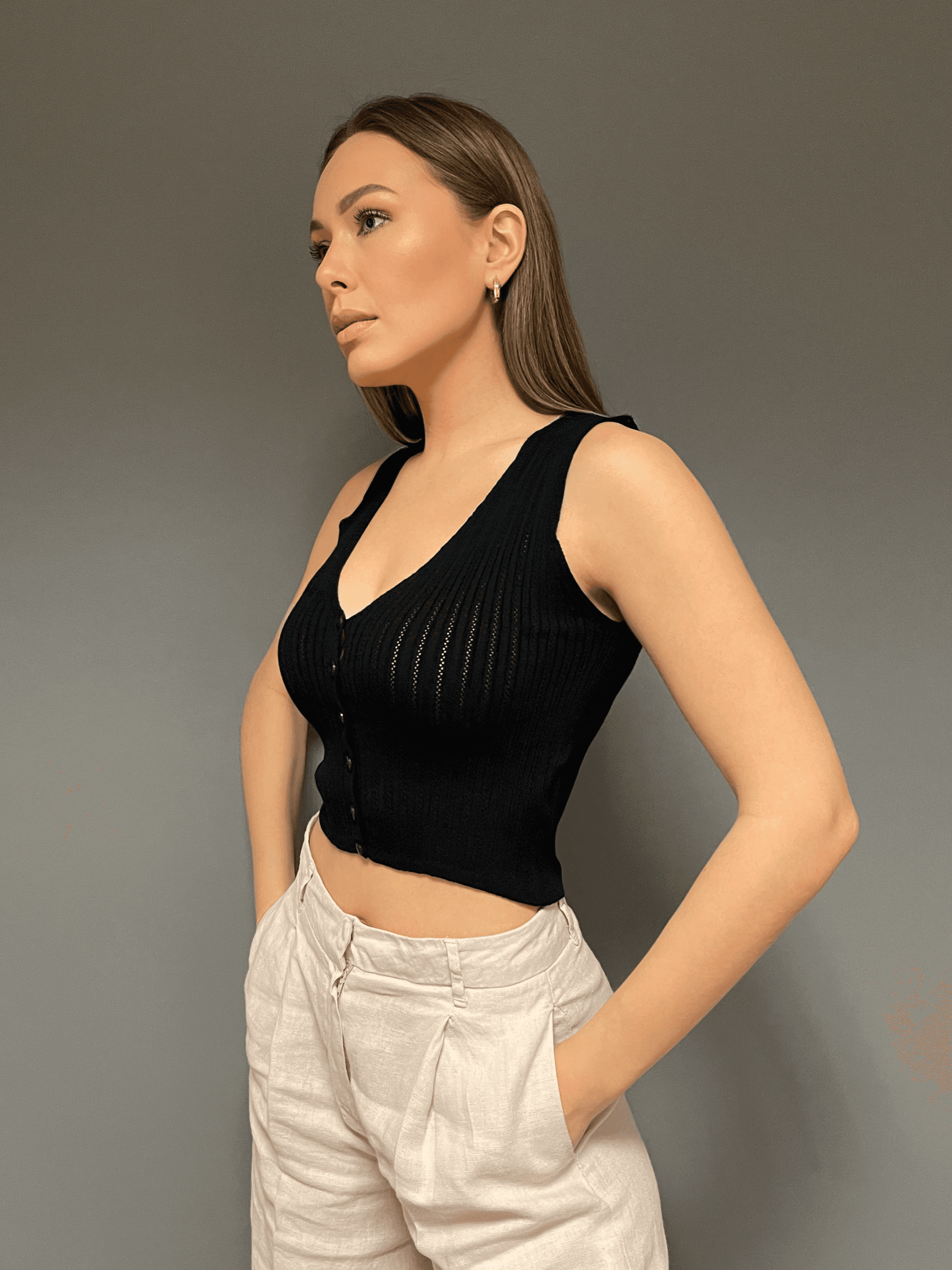 Rina - Askılı Düğmeli Kadın Crop - Siyah