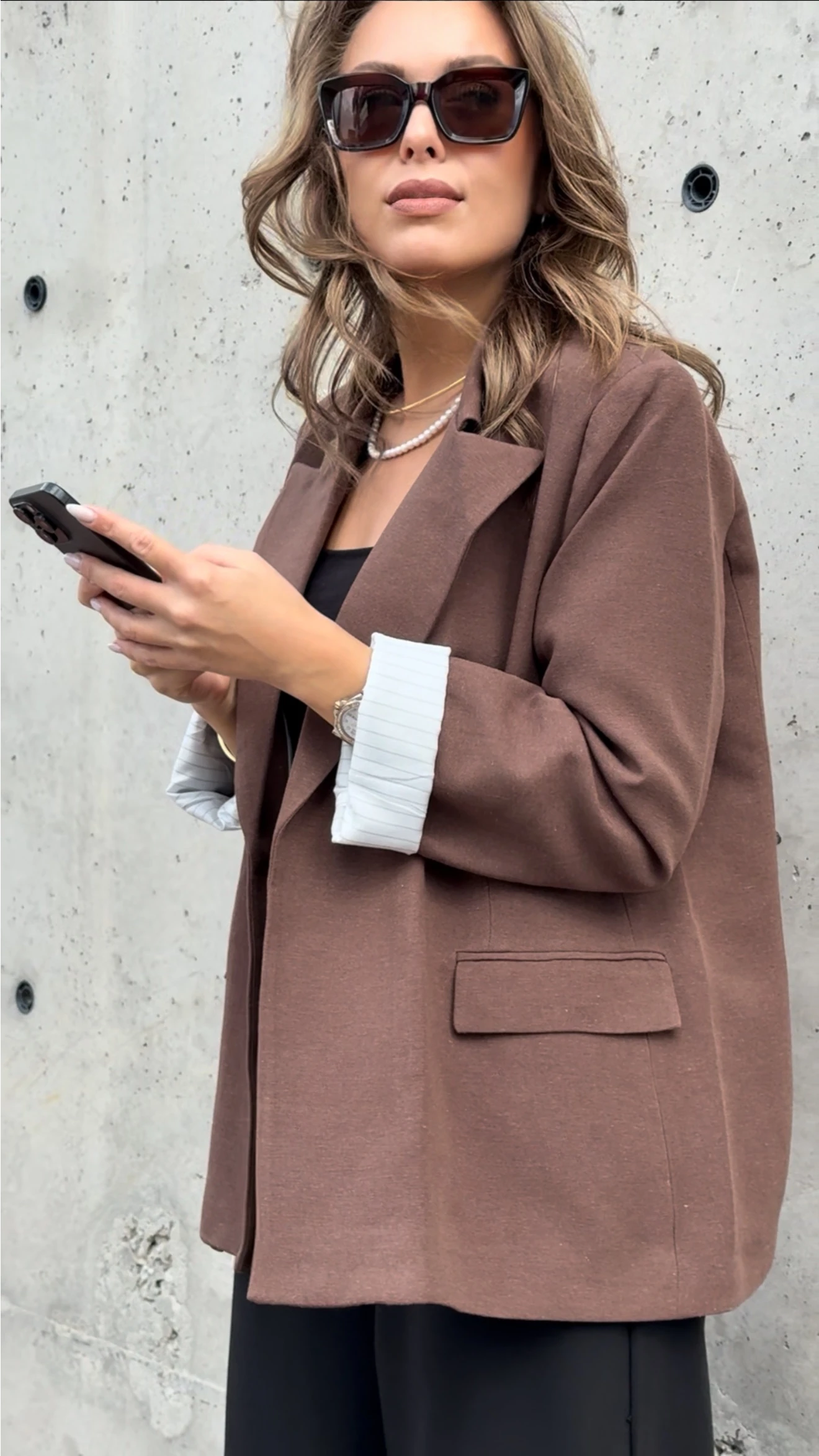 Çizgili Astarlı Keten Ceket  - Kahve