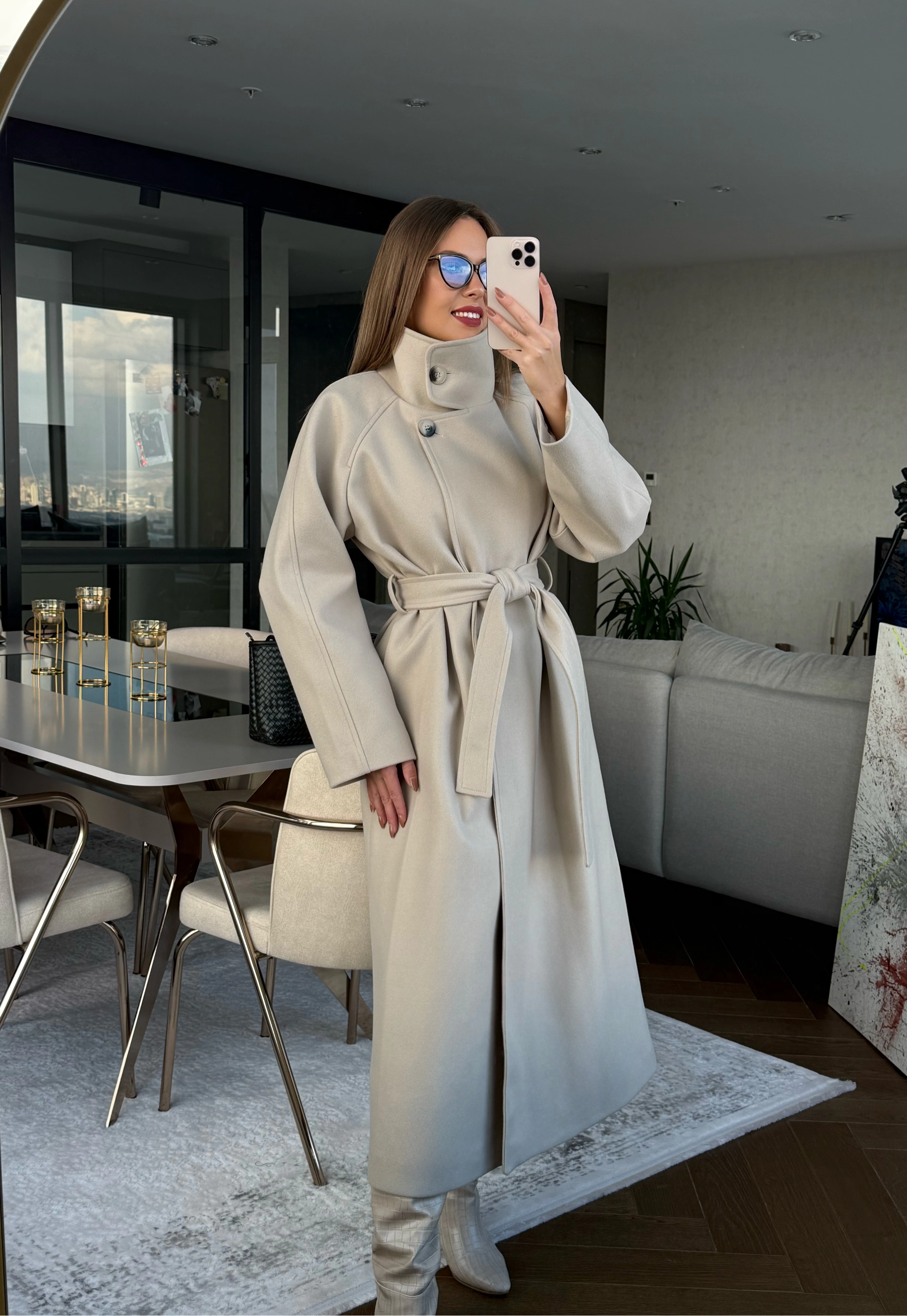 Boğazlı Uzun Kaşe Kaban - Bej