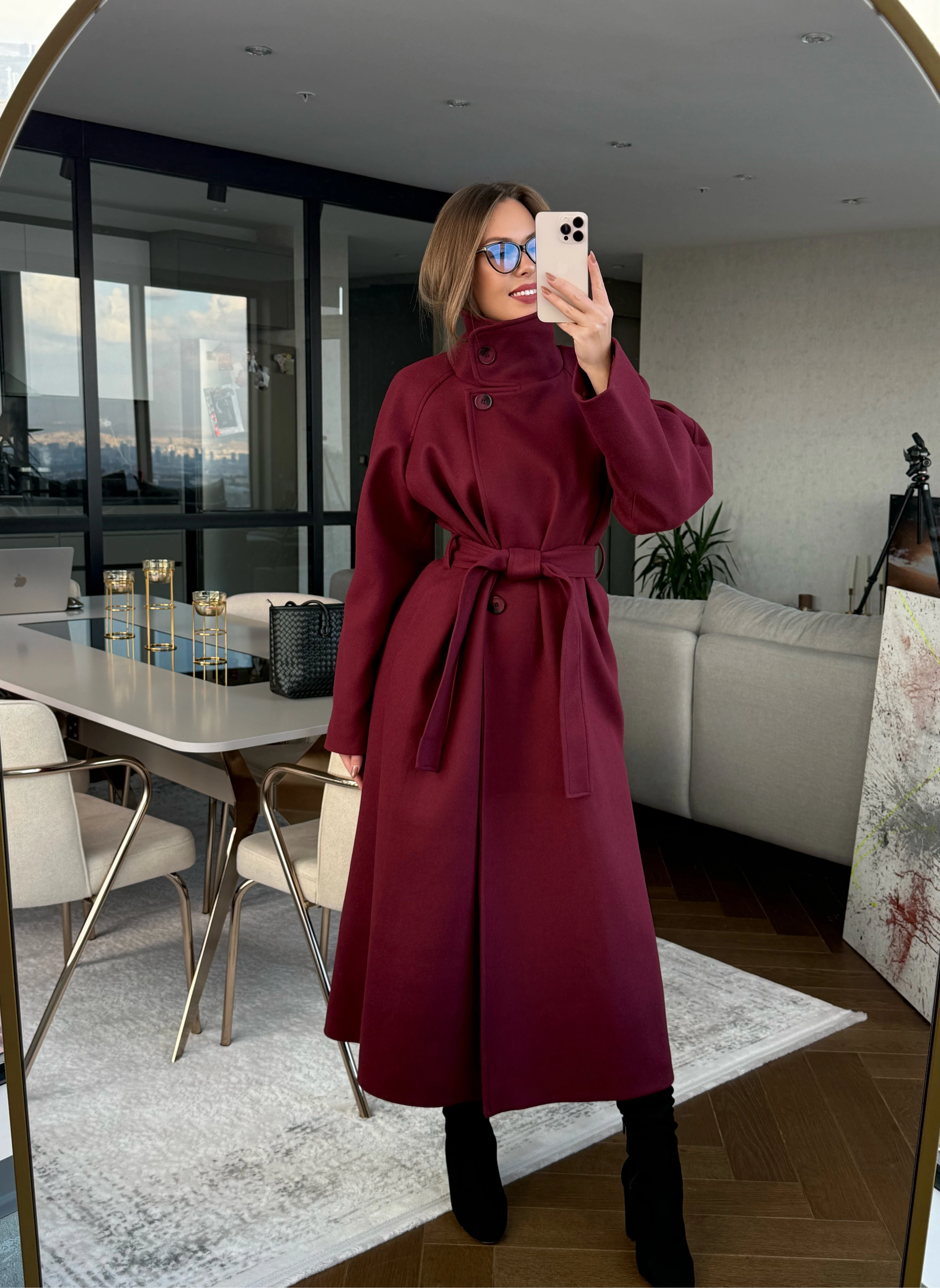 Boğazlı Uzun Kaşe Kaban - Bordo