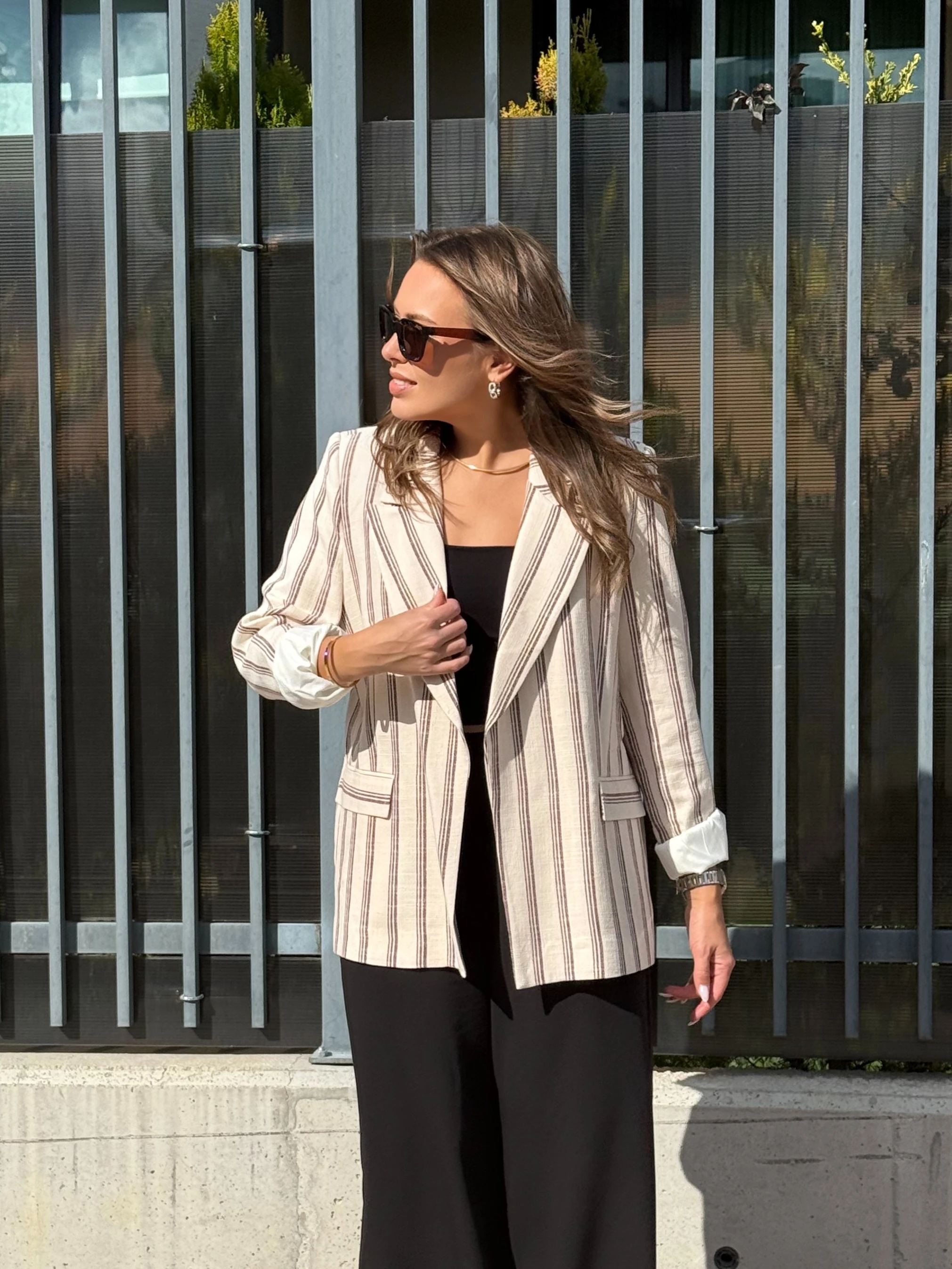 Çizgili Keten Ceket   - Taş-Bordo