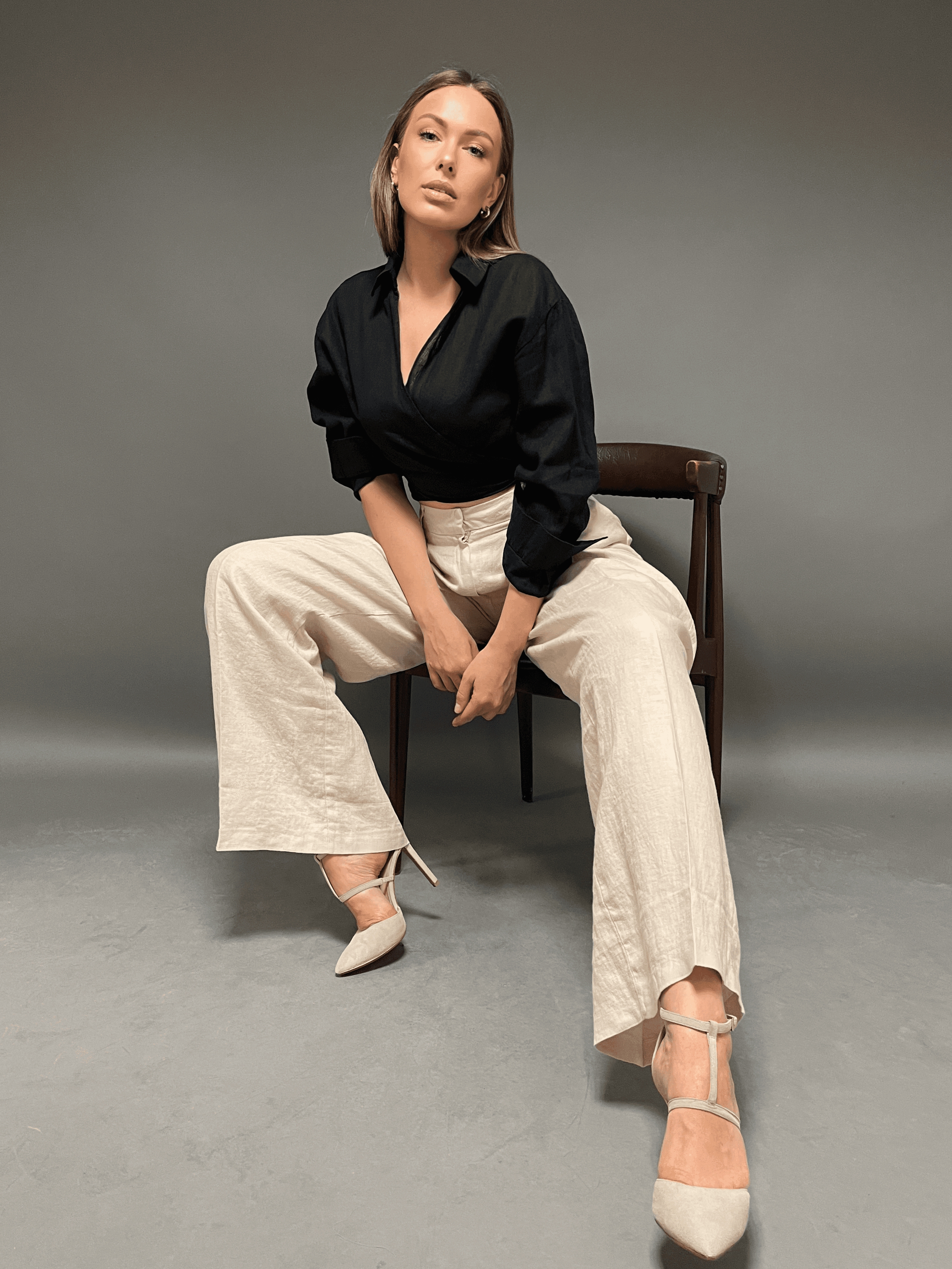 Mels - Premium Keten Kadın Crop - Siyah