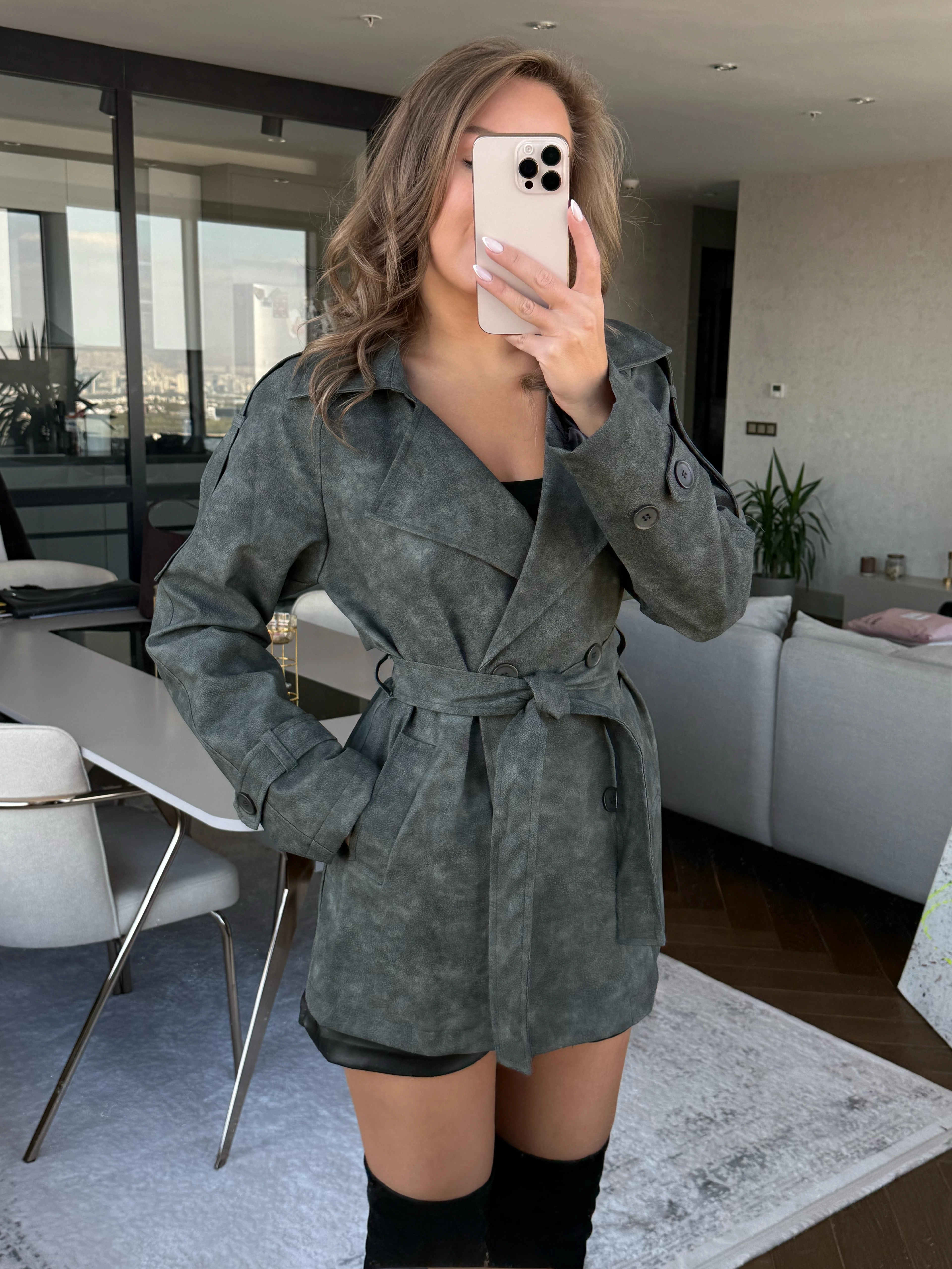 Deri Trençkot Orta Boyu - Haki