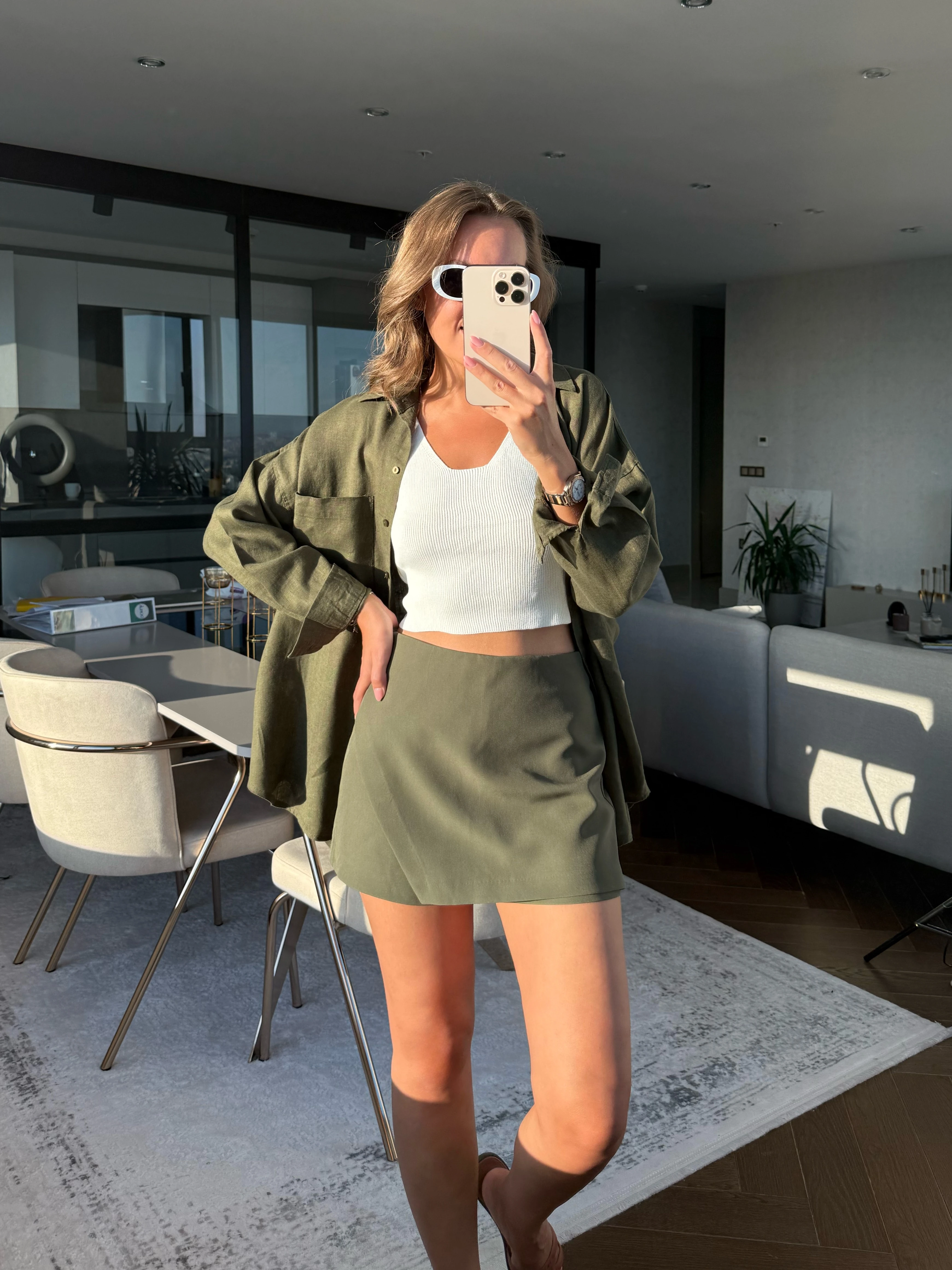 Doublu Kumaş Şort Etek - Haki