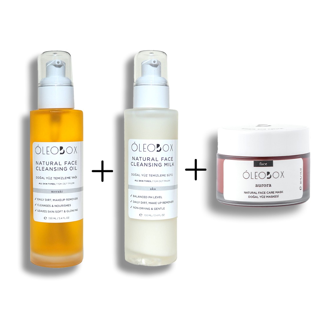 Breakout combat set; Double Cleanse Set of Cleansing Oil and Milk + Brightening Facial Mask with Red Clay and AHA