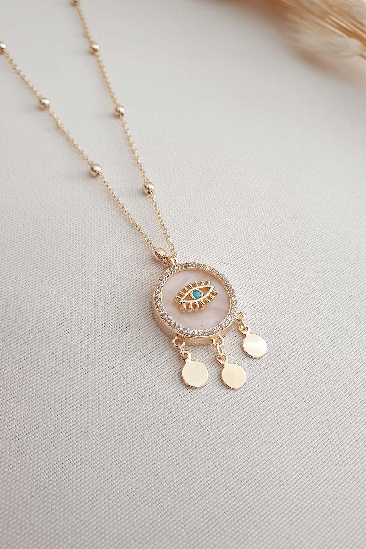 Pul Sallantılı Sedef Üzeri Göz Kolye 60 cm AKL873