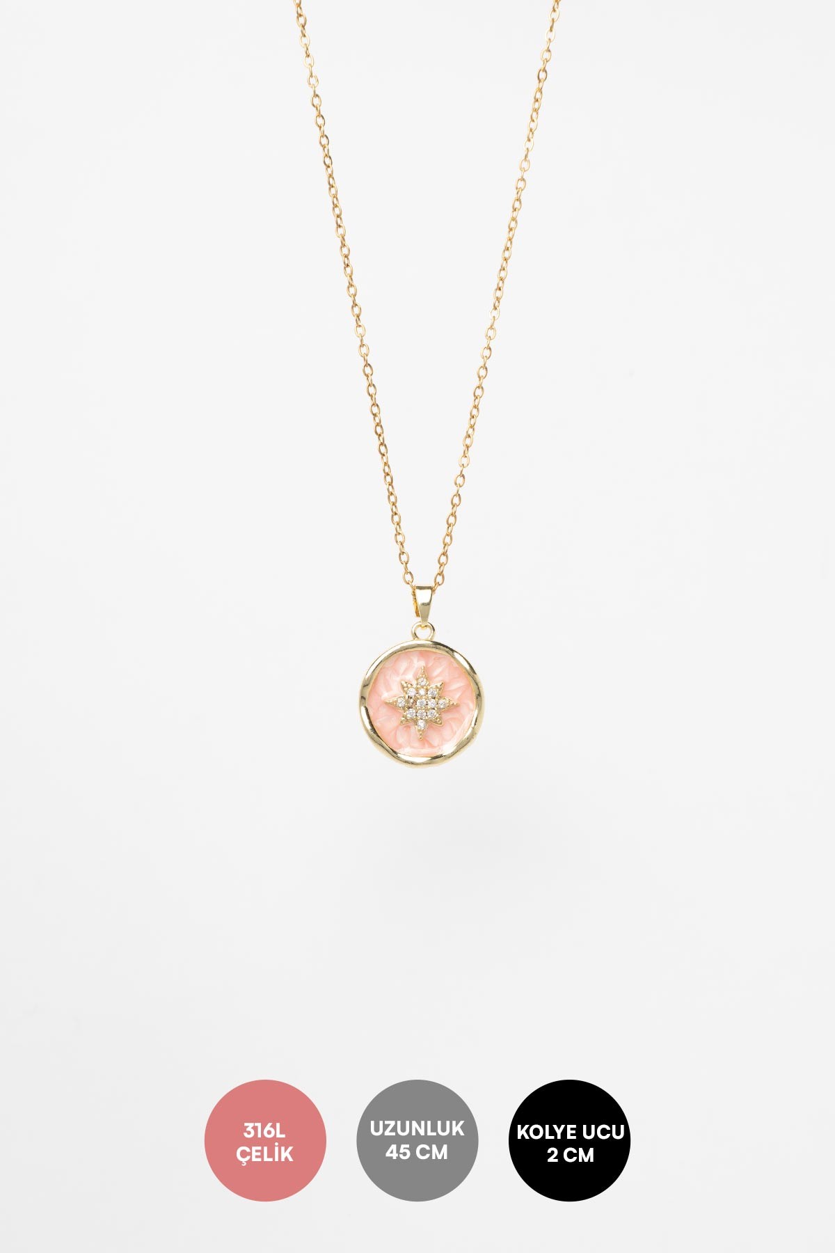 Gold Minimal Zincir Pembe Mineli Zirkon Detay Kuzey Yıldızı Madalyon Tasarım Çelik Kolye AKL4029