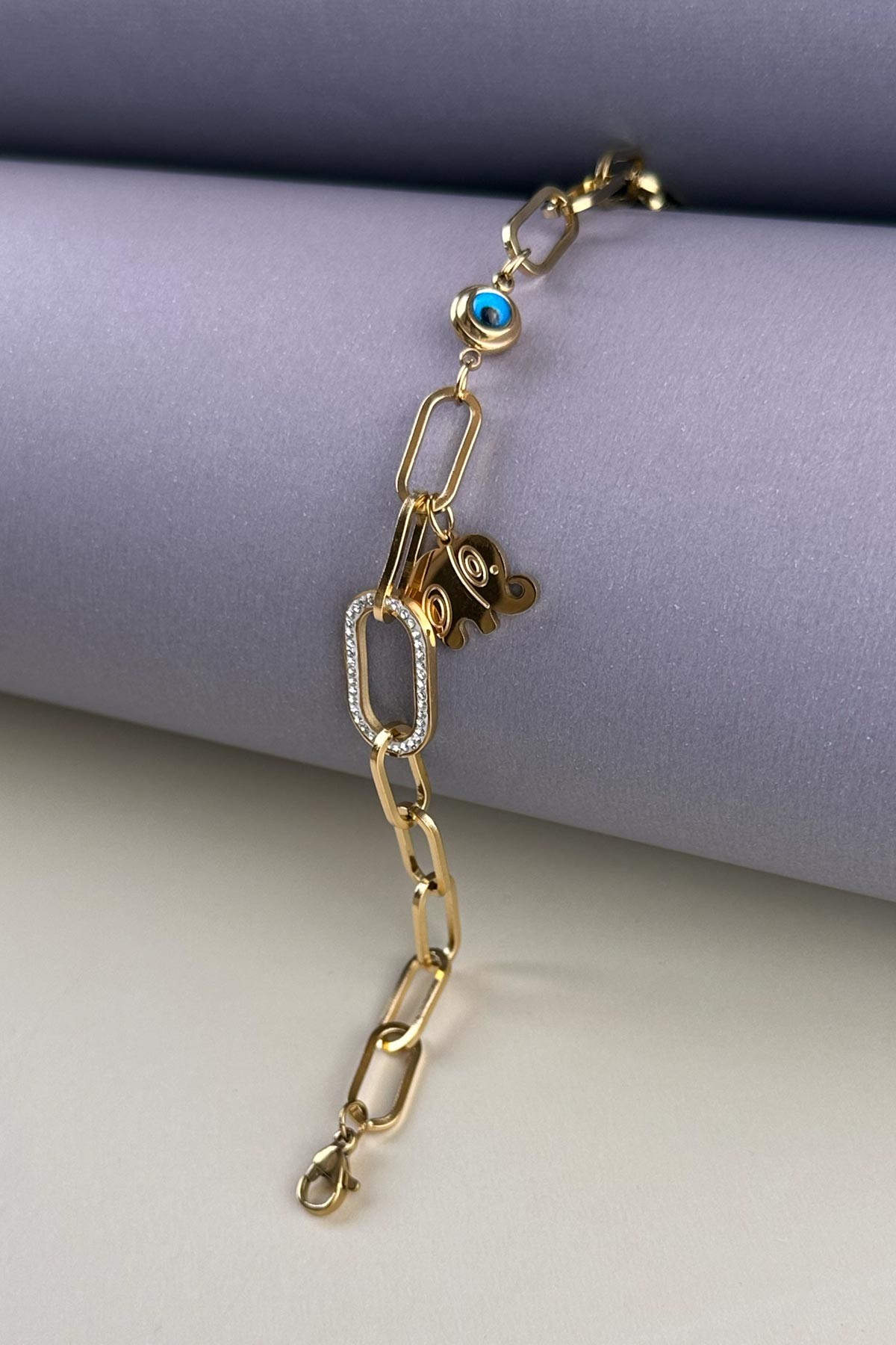 Gold Zirkon Mini Elephant Sallantılı Nazar Boncuk Detay Luplin Çelik Bileklik ABL6454