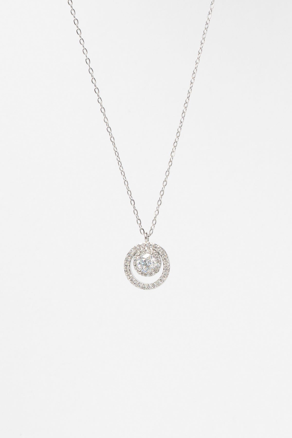 Silver Zirkon Taşlı Tek Taş Detay İkili Çember Sallantılı Luxury Kolye AKL4226