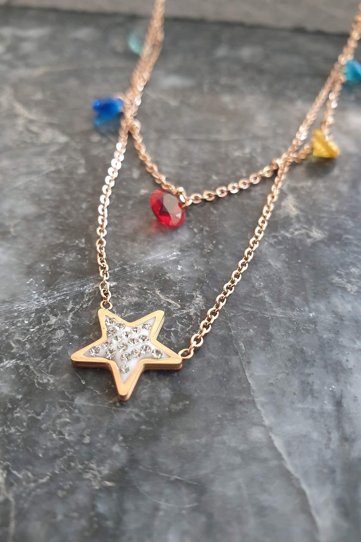 Çift Zincir Rainbow Star Çelik Kolye 45 Cm Akl1063