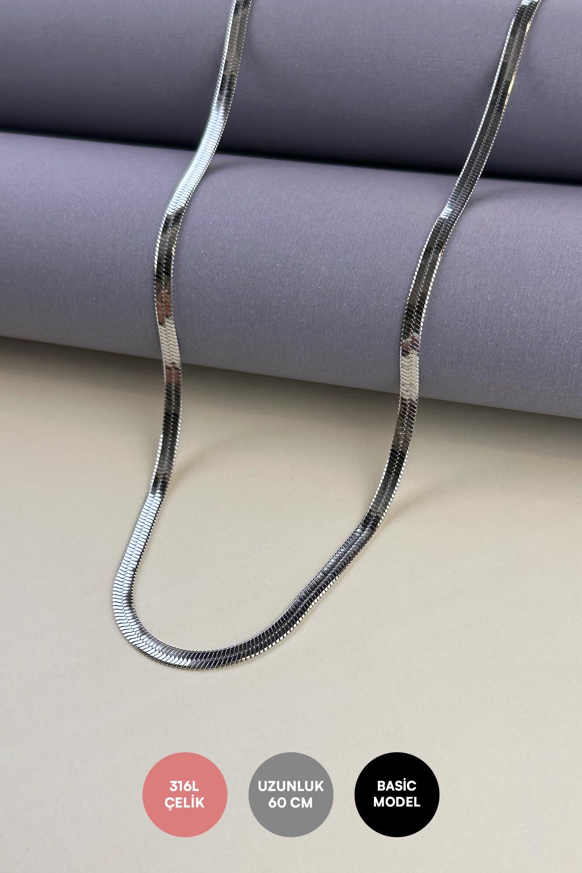 Silver Düz İtalyan Zincir Çelik Kolye 60 Cm AKL1201