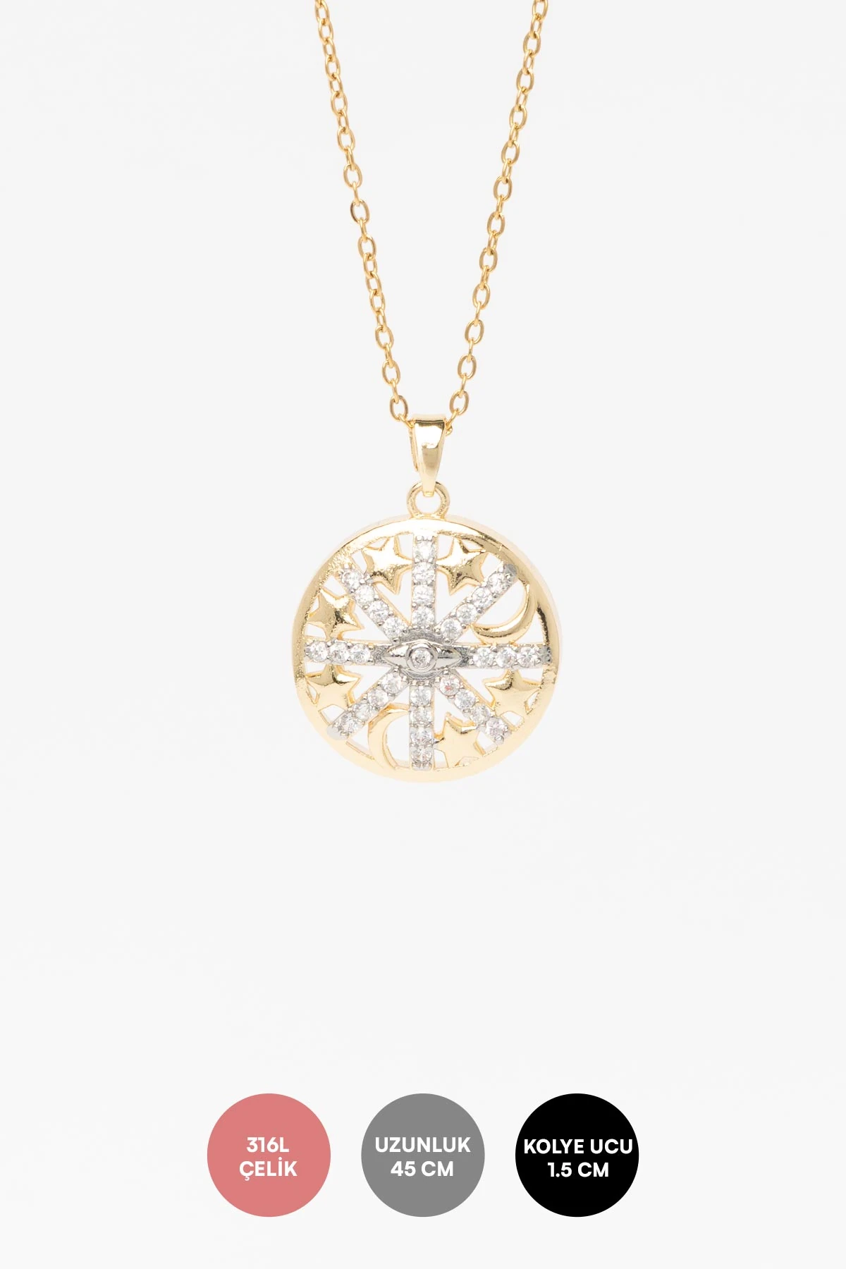 Gold Zirkon Detay Yıldız Ve Ay Sıralı Çember Sallantılı 45cm Çelik Kolye AKL4330