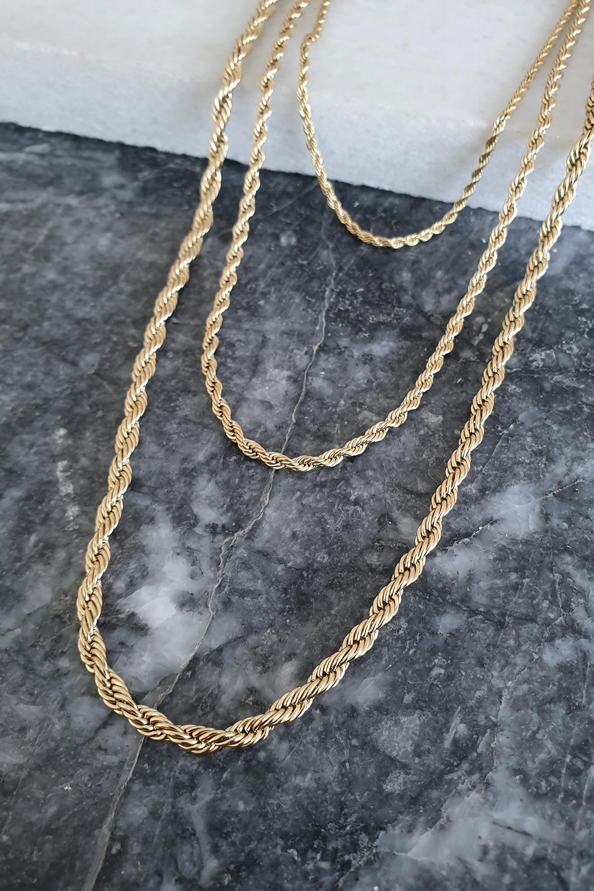 Gold Burgu Üçlü Çelik Kolye Seti 45-65 Cm Akl1282
