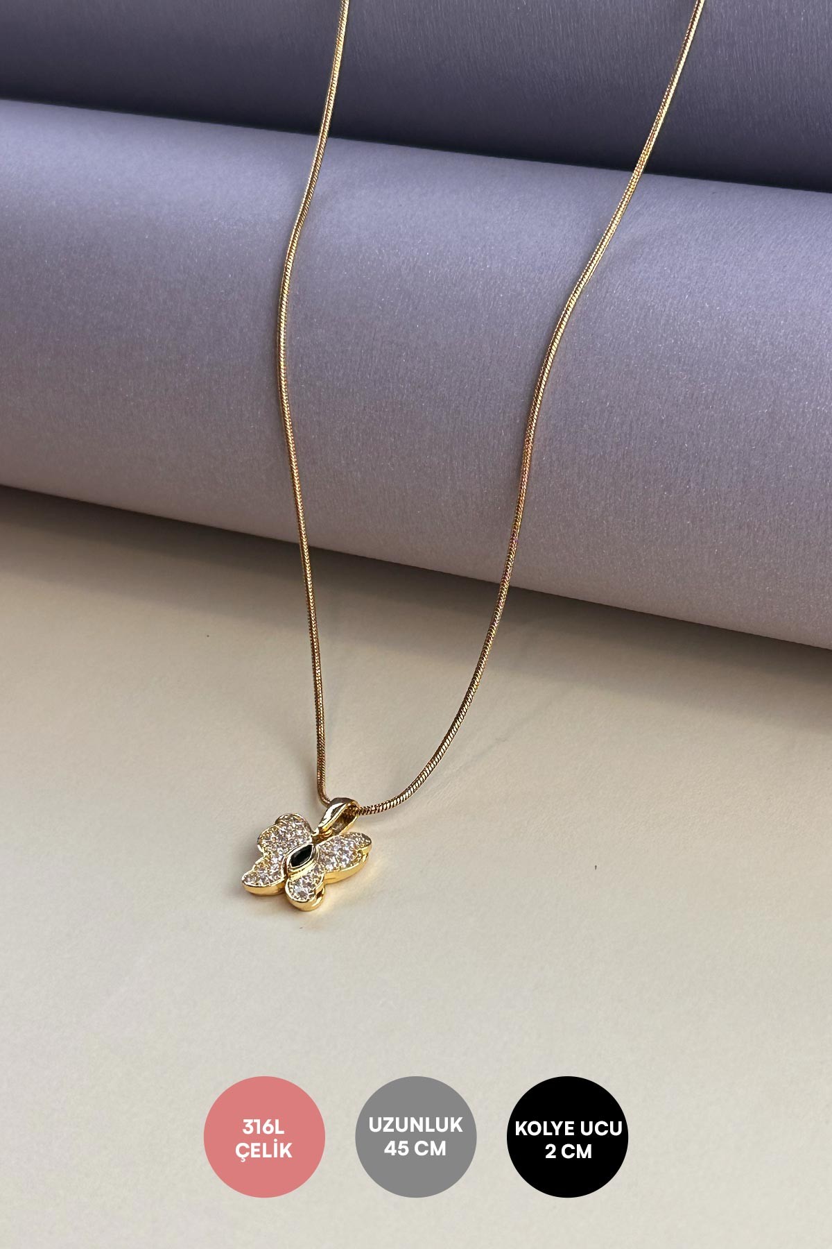 Gold Boru Zincir Zirkon Detay Açılır Kanatlı Kelebek Sallantılı 45cm Çelik Kolye AKL4020