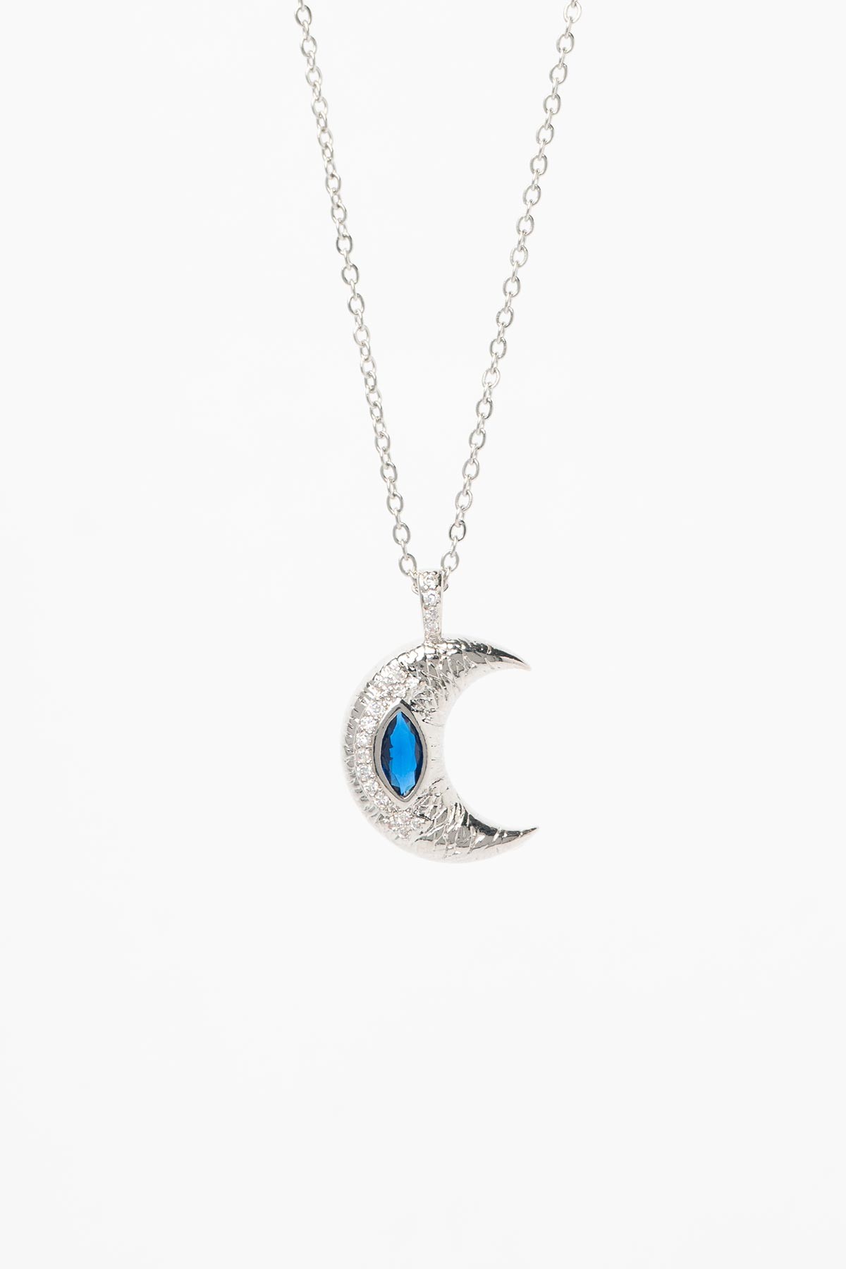 Silver Minimal Zincir Siyah Taş Detay Ay Figürü Sallantılı Çelik Kolye 45 cm AKL4087