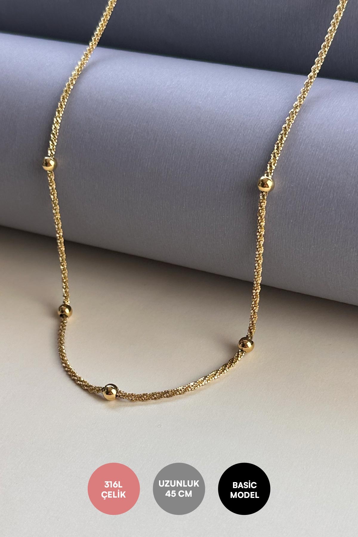 Gold Topçuk Sıralı Parıltılı Zincir 45cm Çelik Kolye AKL4011