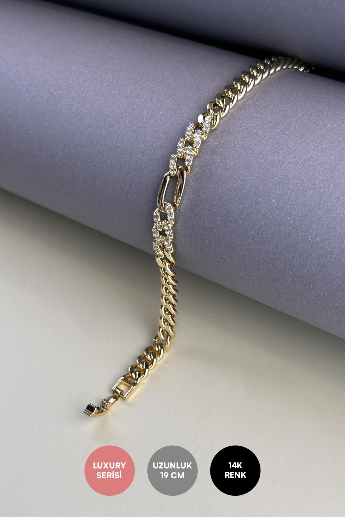 Gold Figaro Detay Zirkon Curb Zincir Tasarım Luxury Bileklik ABL7159