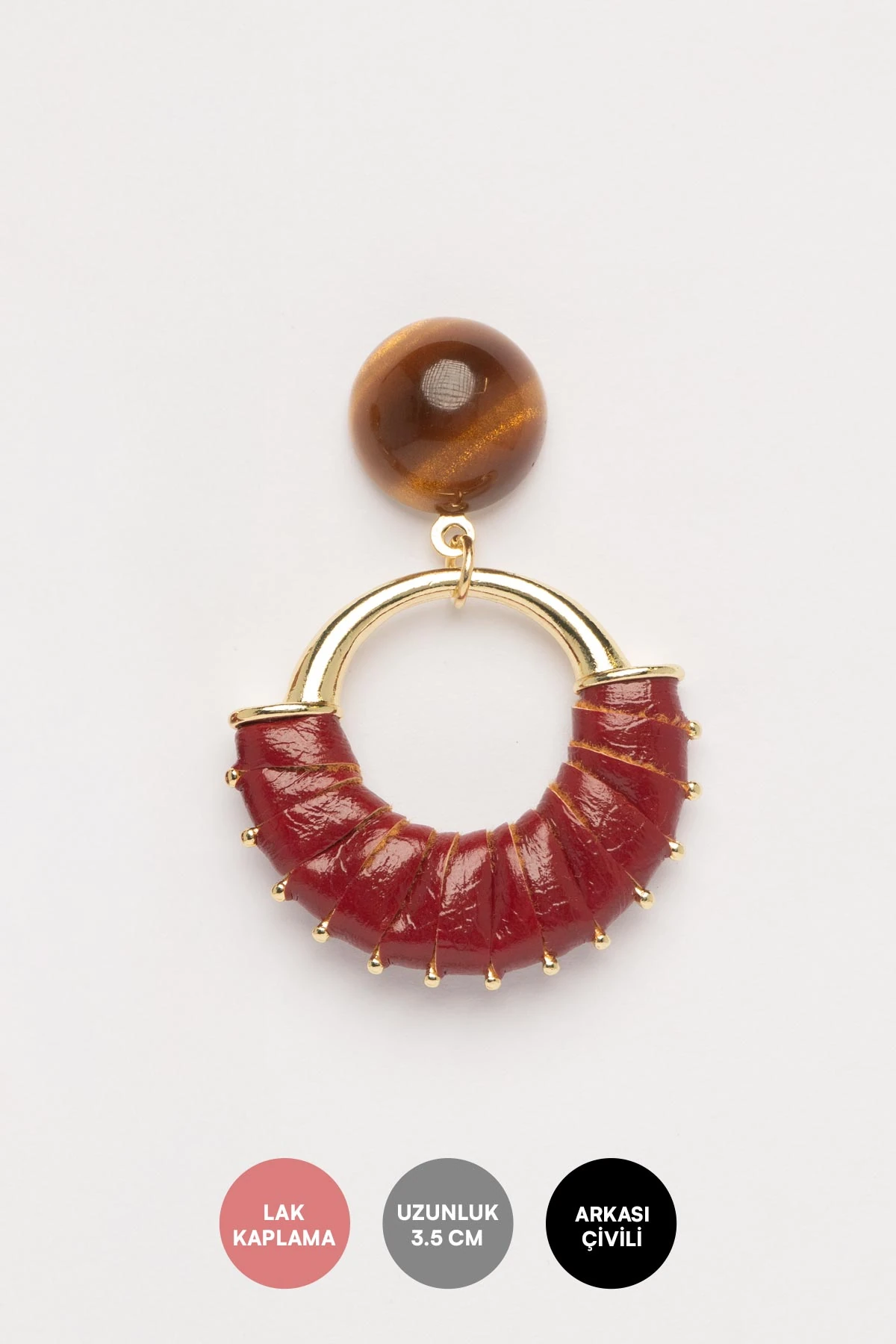 Kahverengi Boncuk Ucunda Deri Kaplı Bordo Stefany Küpe AKE9779