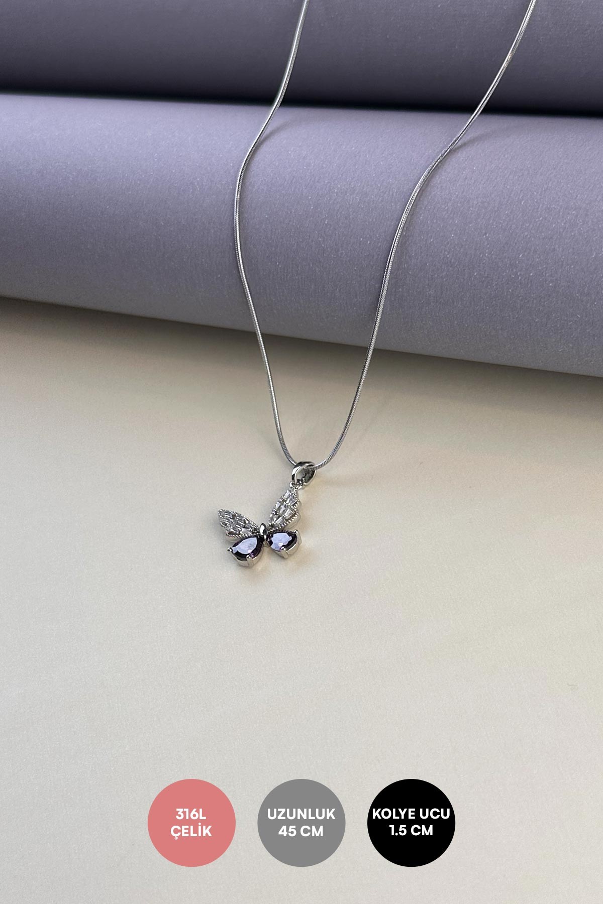 Silver Minimal Boru Zincir Baget Ve Renkli Kristal Taş Kanat Kelebek Tasarım Çelik Kolye 45 cm AKL3925