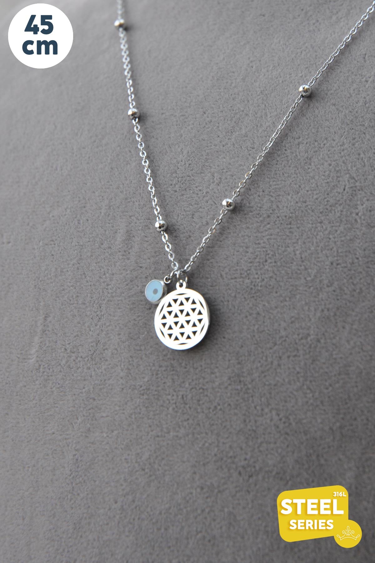 Nazar Boncuğu Detay Minimal Silver Yaşam Çiçeği Çelik Kolye 45 Cm AKL1871