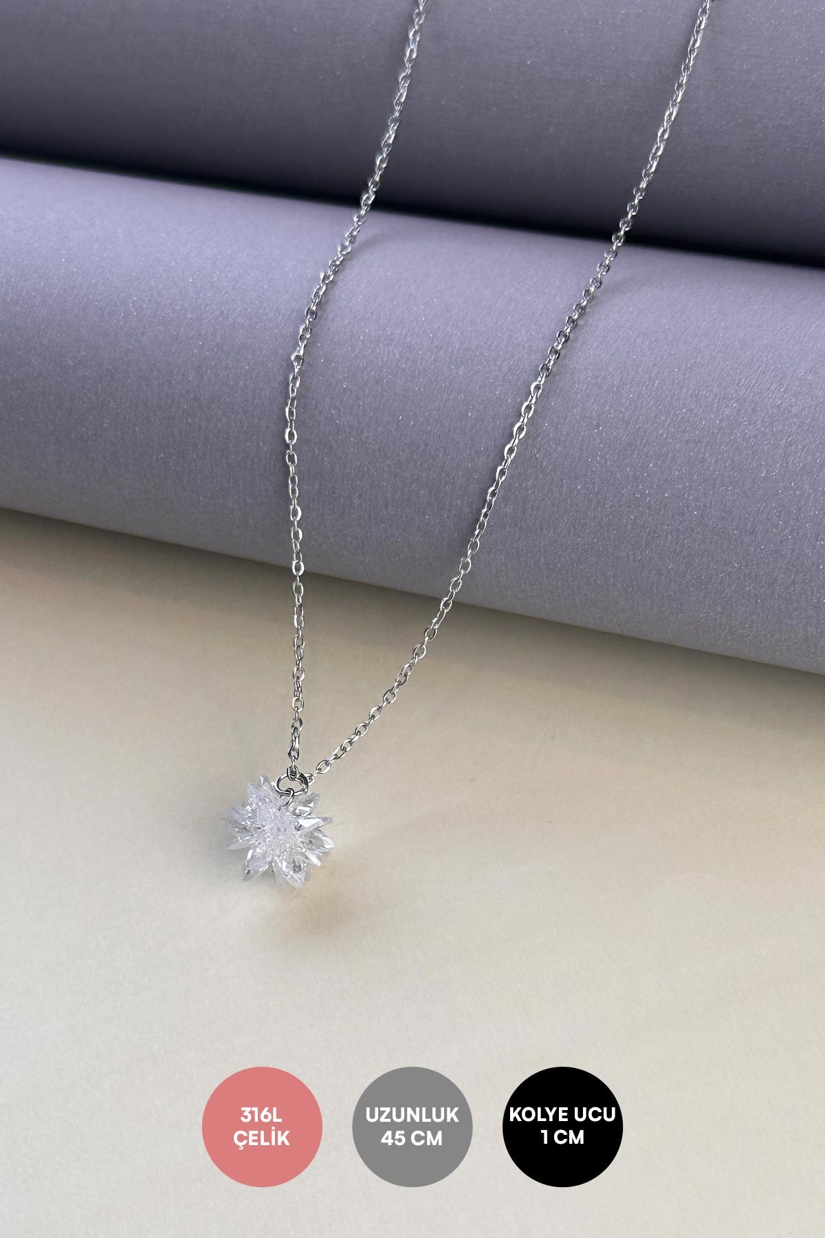 Silver Minimal Zincir Kristal Snowflake Çelik Kolye 45 cm Akl3055 AKL3893