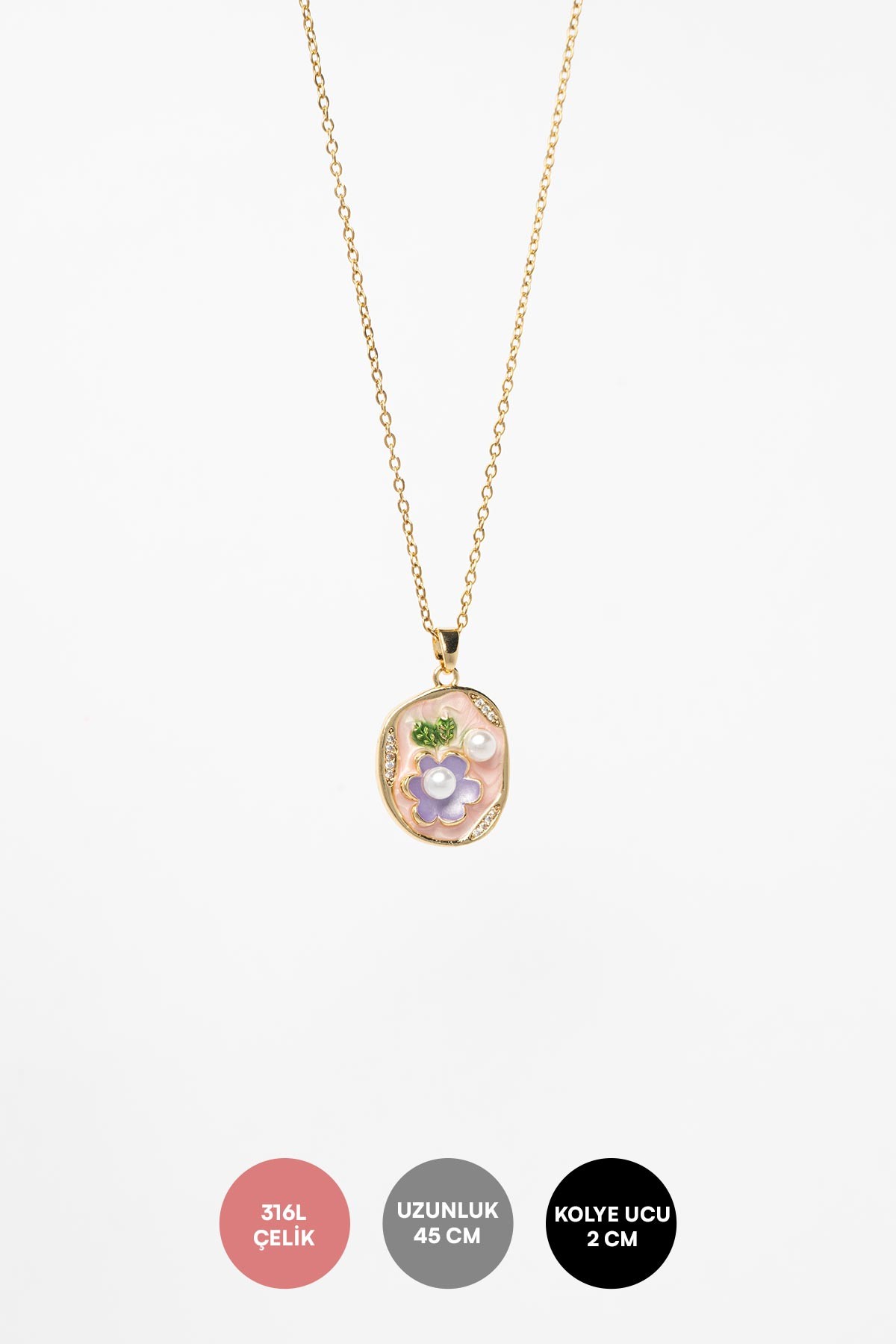 Gold Minimal Zincir Pembe Mineli Minimal İncili Mor Çiçek Madalyon Tasarım Çelik Kolye 45 cm AKL4062
