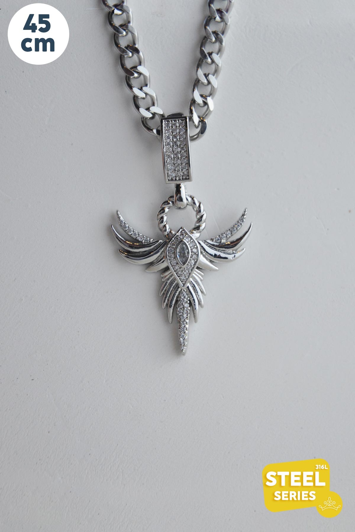 Silver Zirkon Detay Tektaşlı Angel Wings Çelik Kolye 45 cm AKL3448