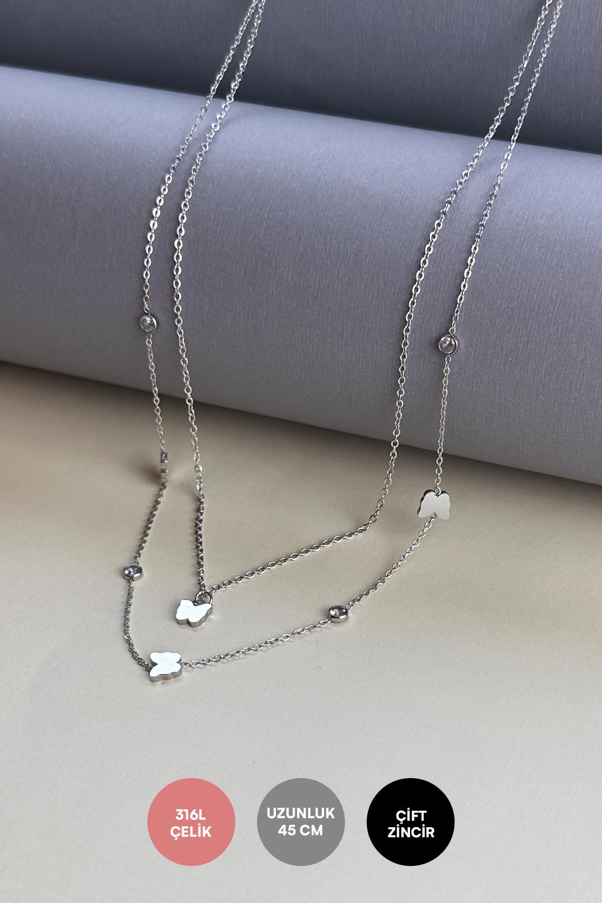 Silver Minimal Kelebekler Sallantılı 45cm Çelik Kolye AKL4016