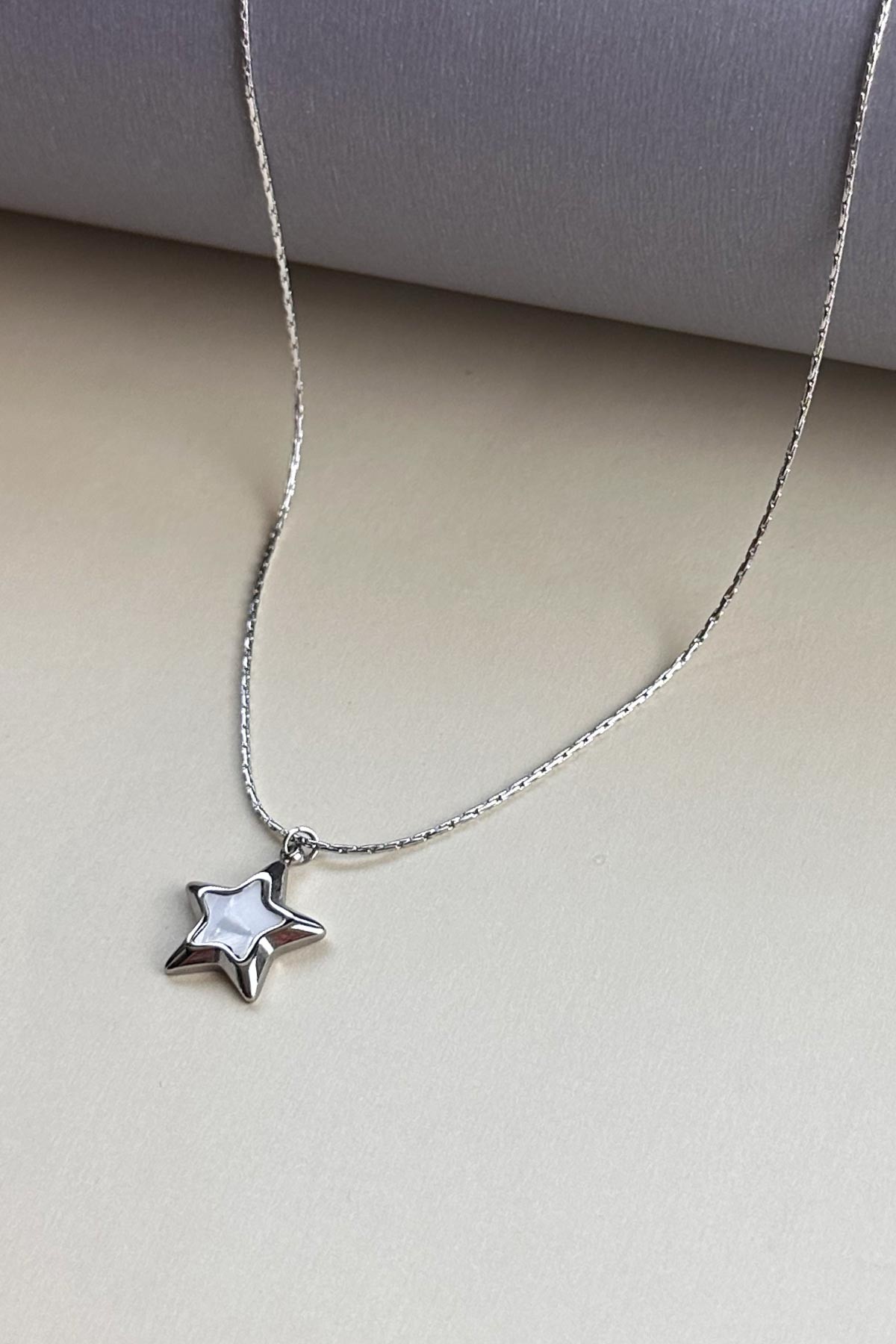 Silver Sedef Detay Yıldız Sallantılı 45cm Çelik Kolye AKL4008