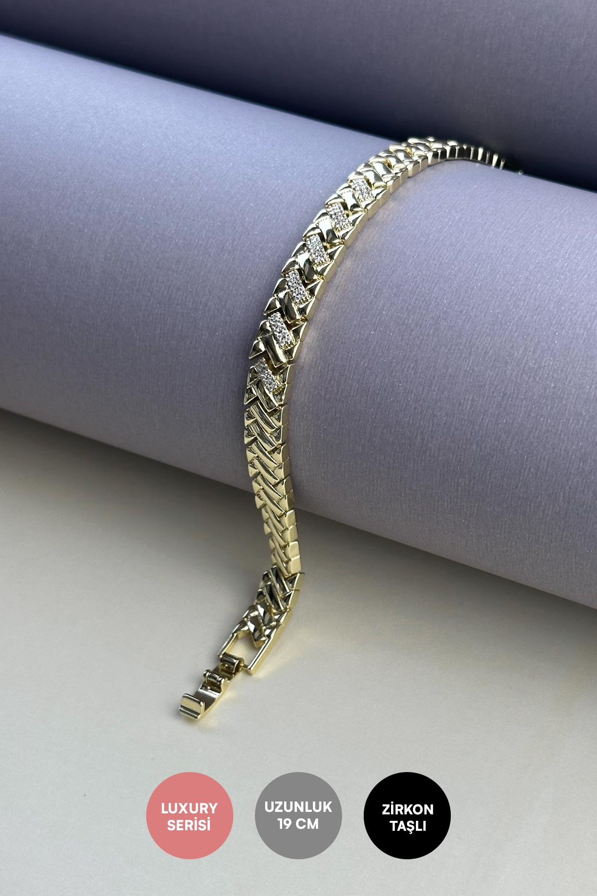 Gold Yassı Halat Tasarım Zirkon Taş Detay Bileklik ABL7314