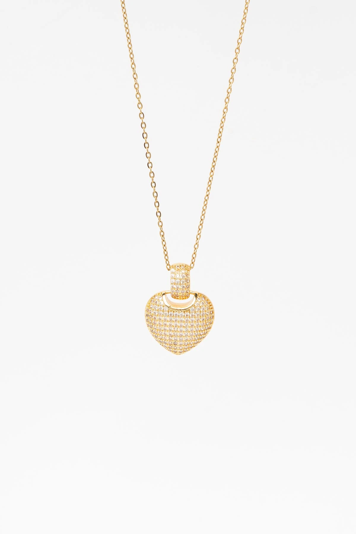 Gold Zirkon Kaplı Dolgulu Büyük Kalp Sallantılı 45cm Çelik Kolye AKL4328