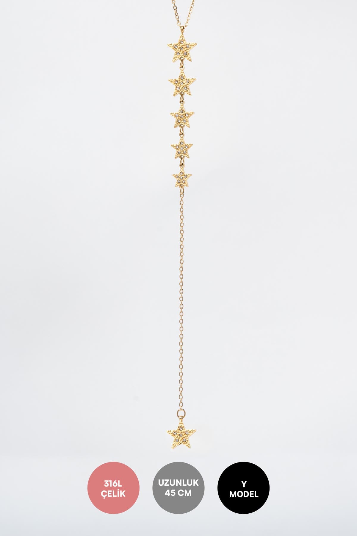 Gold Minimal Zincir Y Tasarım Zirkon Taş Detaylı Beş Boy Yıldız Sıralı 45cm Çelik Kolye AKL4173