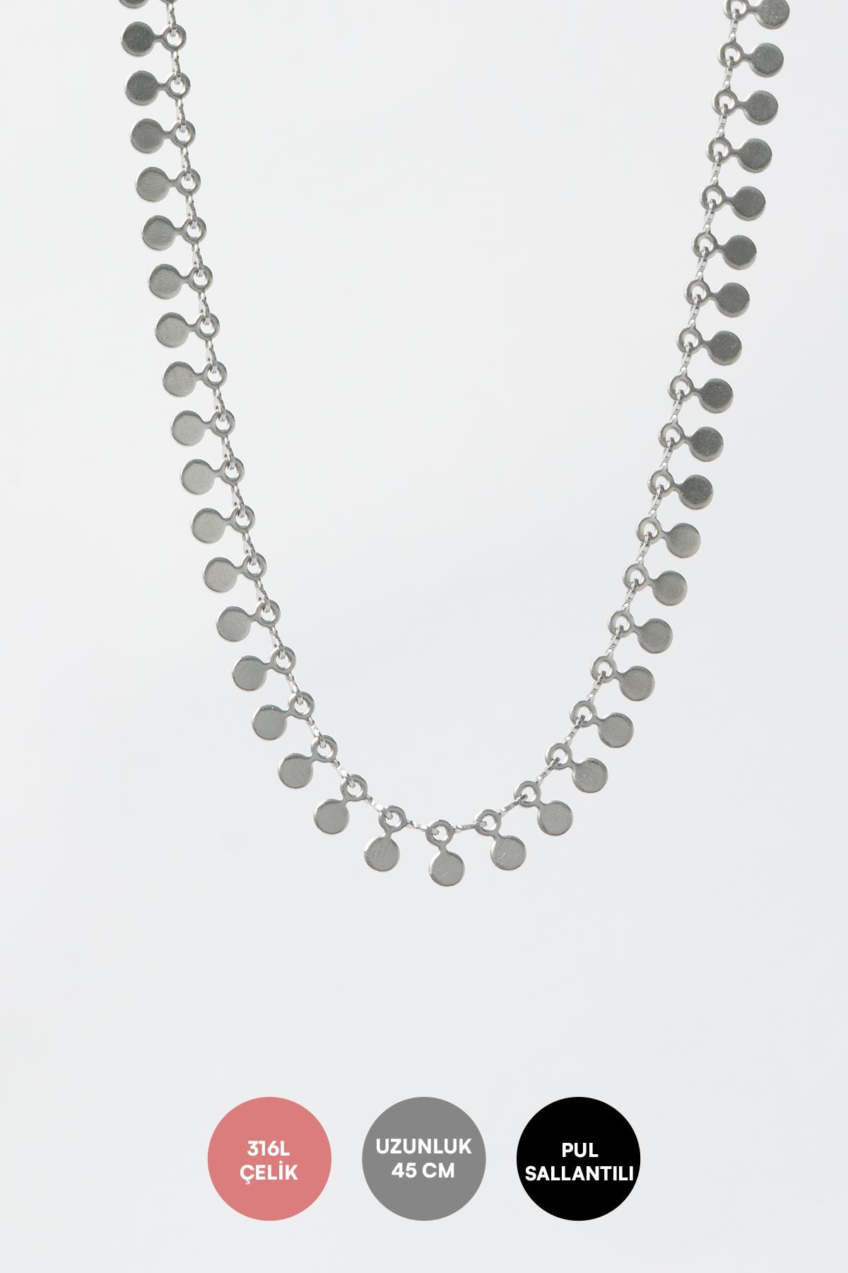 Silver Minimal Pul Sıralı 45cm Çelik Kolye AKL4181