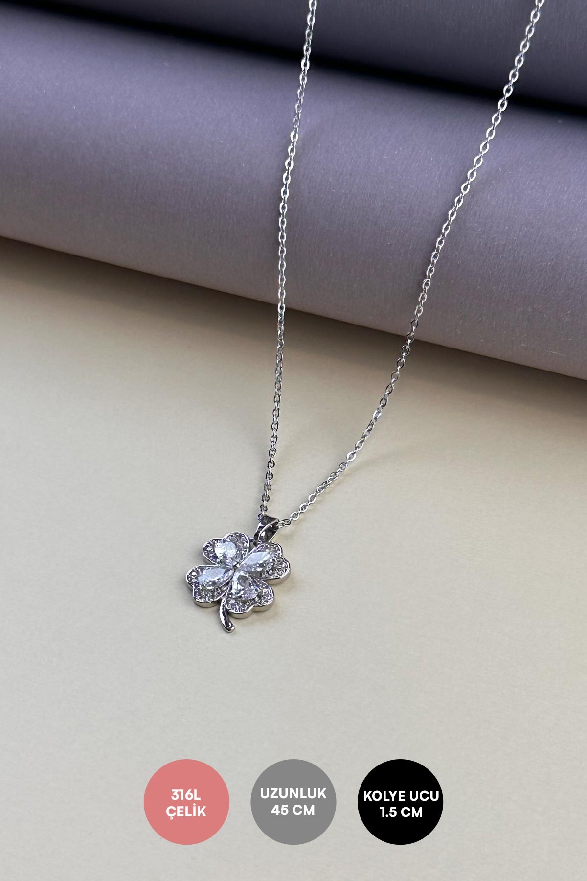 Silver Minimal Zincir Zirkon Ve Tektaş Detay Yonca Sallantılı Çelik Kolye 45 cm AKL4089