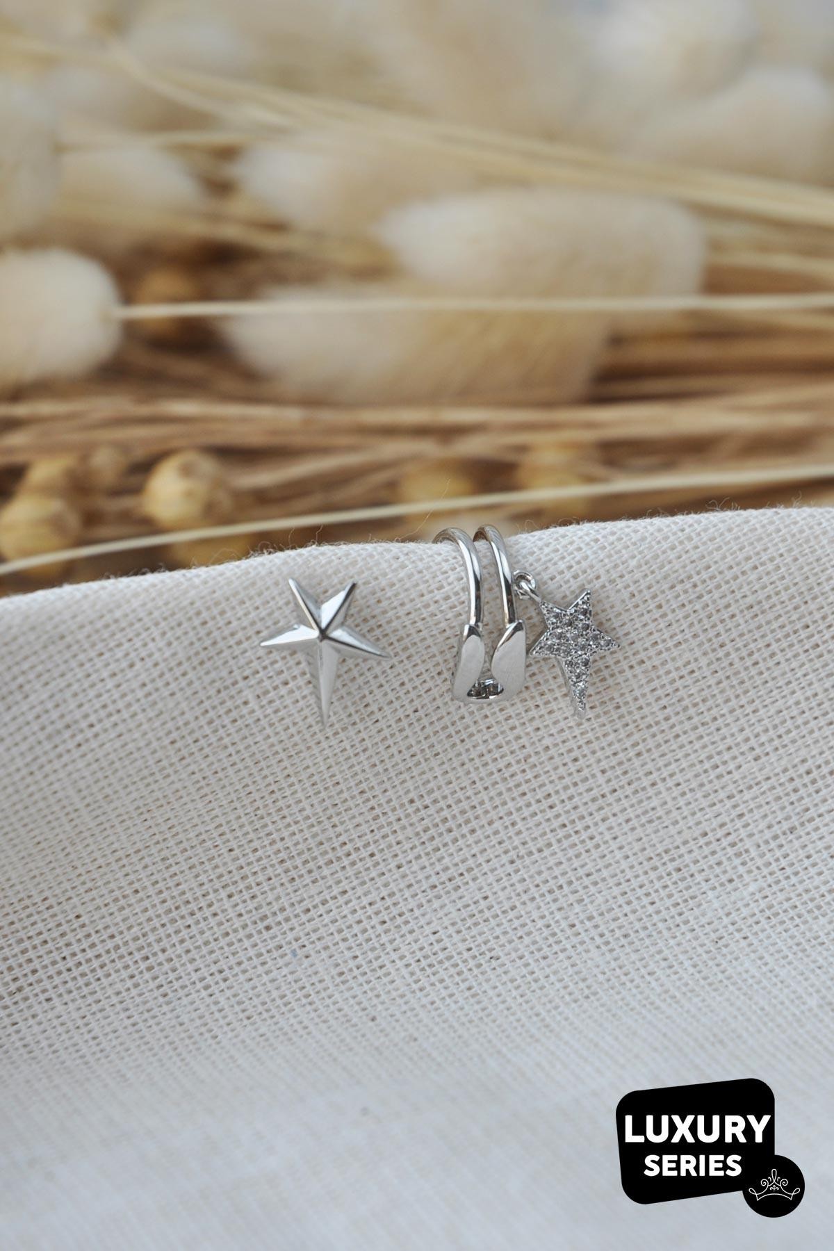 Silver Çengelli İğne Tasarım Asimetrik Zirkon Yıldız Luxury Kıkırdak Küpe AKE6511