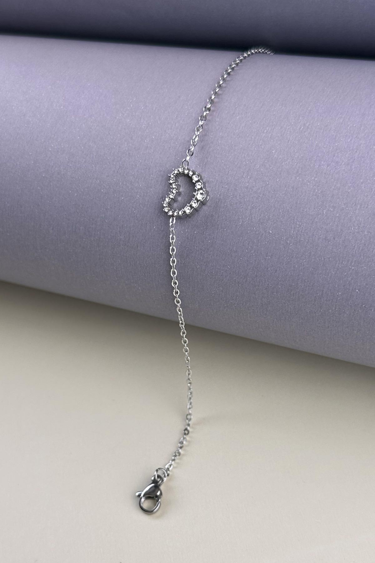 Silver Minimal Zincir Sıra Zirkon Detay Kalp Tasarım Çelik Bileklik ABL7220