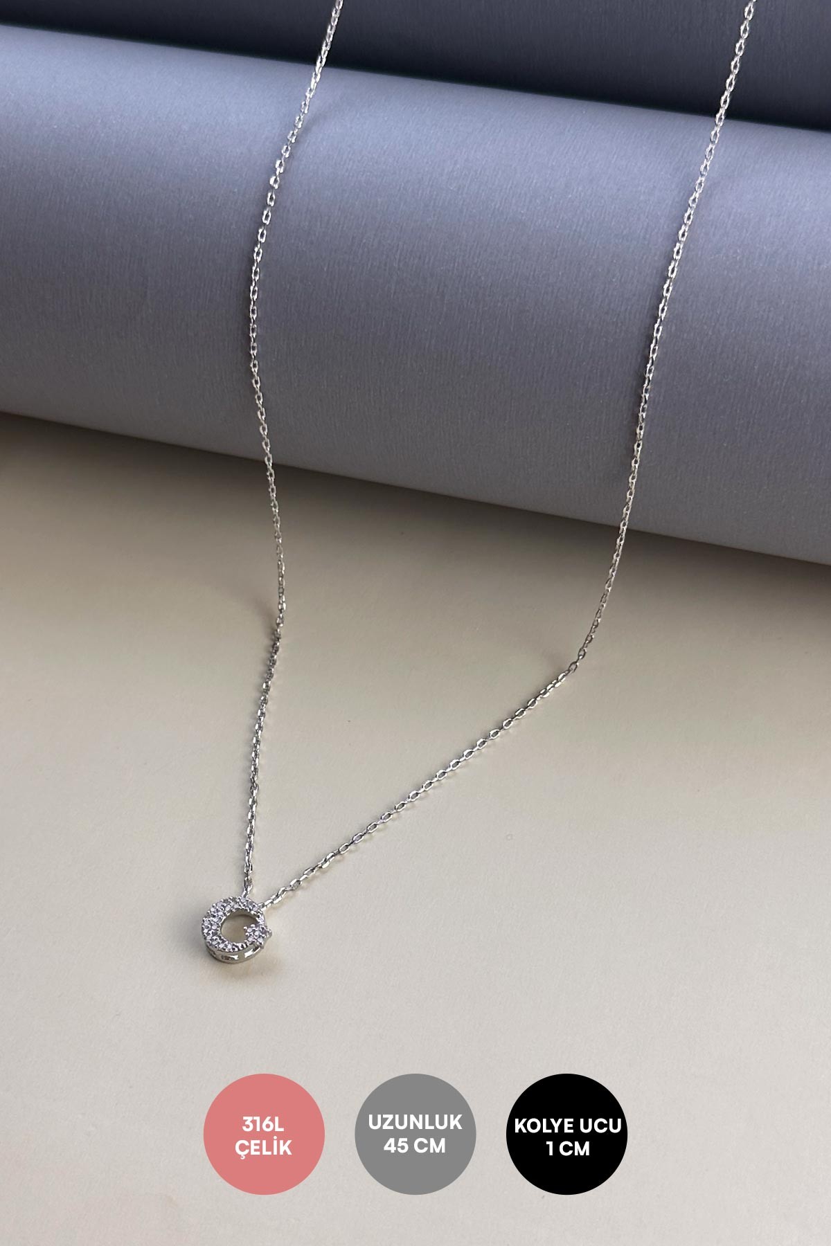 Silver Zirkon Tasarım Minimal Ay Ve Yıldız Sallantılı 45cm Çelik Kolye AKL4015