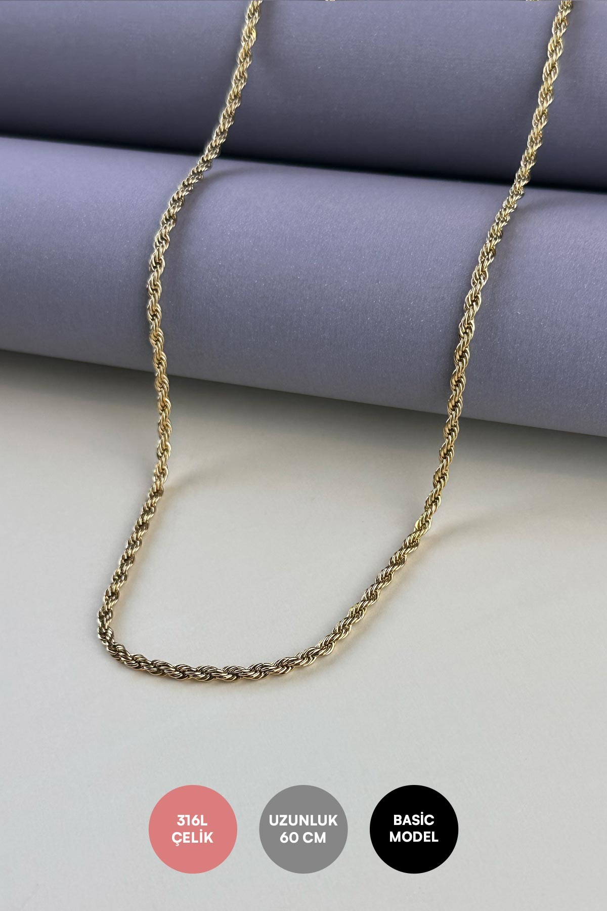 Gold Slim Burgu Çelik Kolye 60 Cm Akl1382