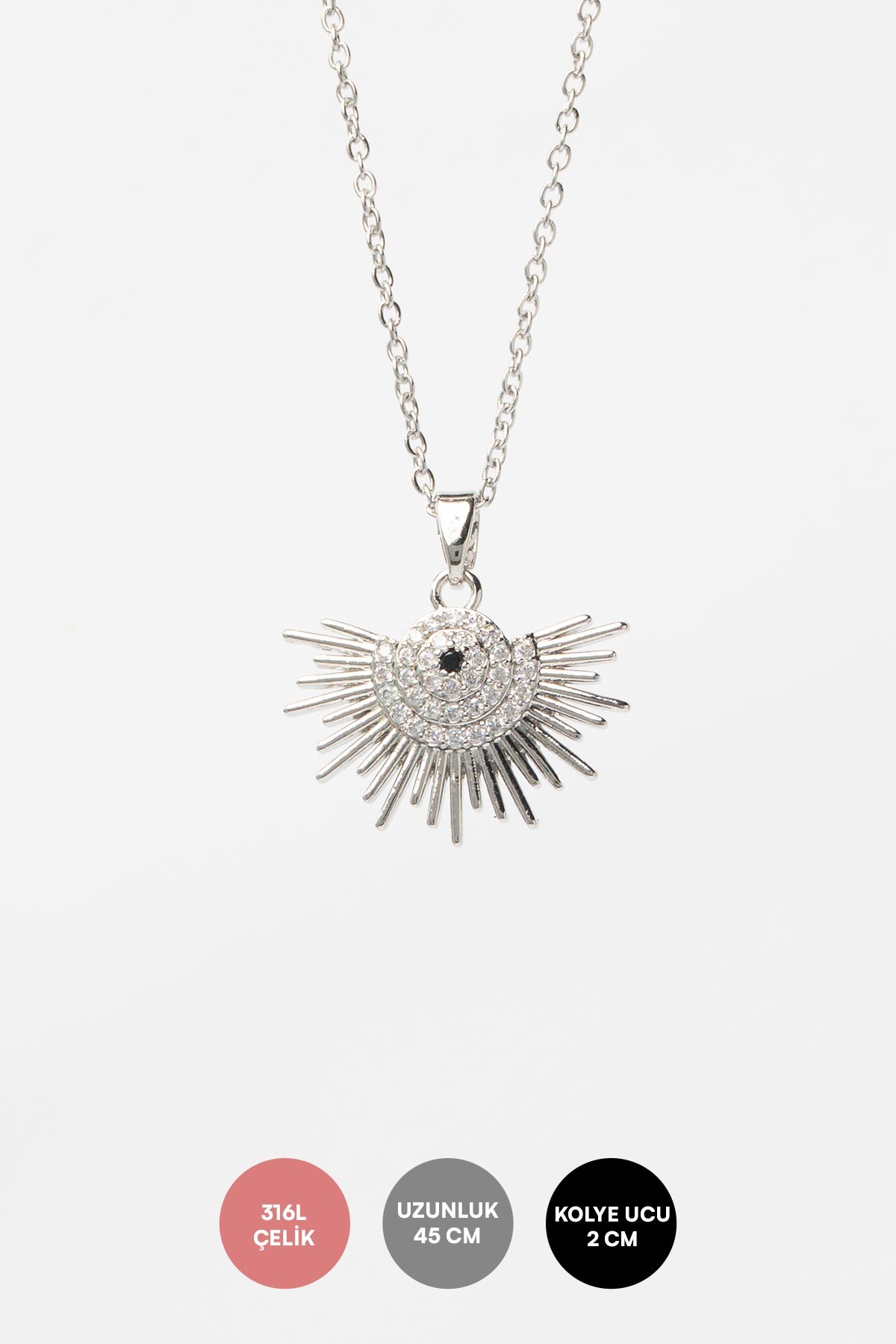 Silver Minimal Zincir Zirkon Detay Güneş Işınları Sallantılı 45cm Çelik Kolye AKL4130